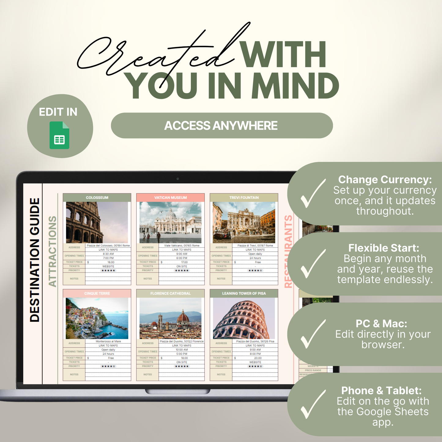 "Digital travel planner destination guide displayed on a laptop screen, featuring detailed attraction cards for popular sites like the Colosseum, Vatican Museum, Trevi Fountain, and more. Text highlights key features: change currency automatically, flexible start date, compatibility with PC/Mac, and mobile editing via Google Sheets.