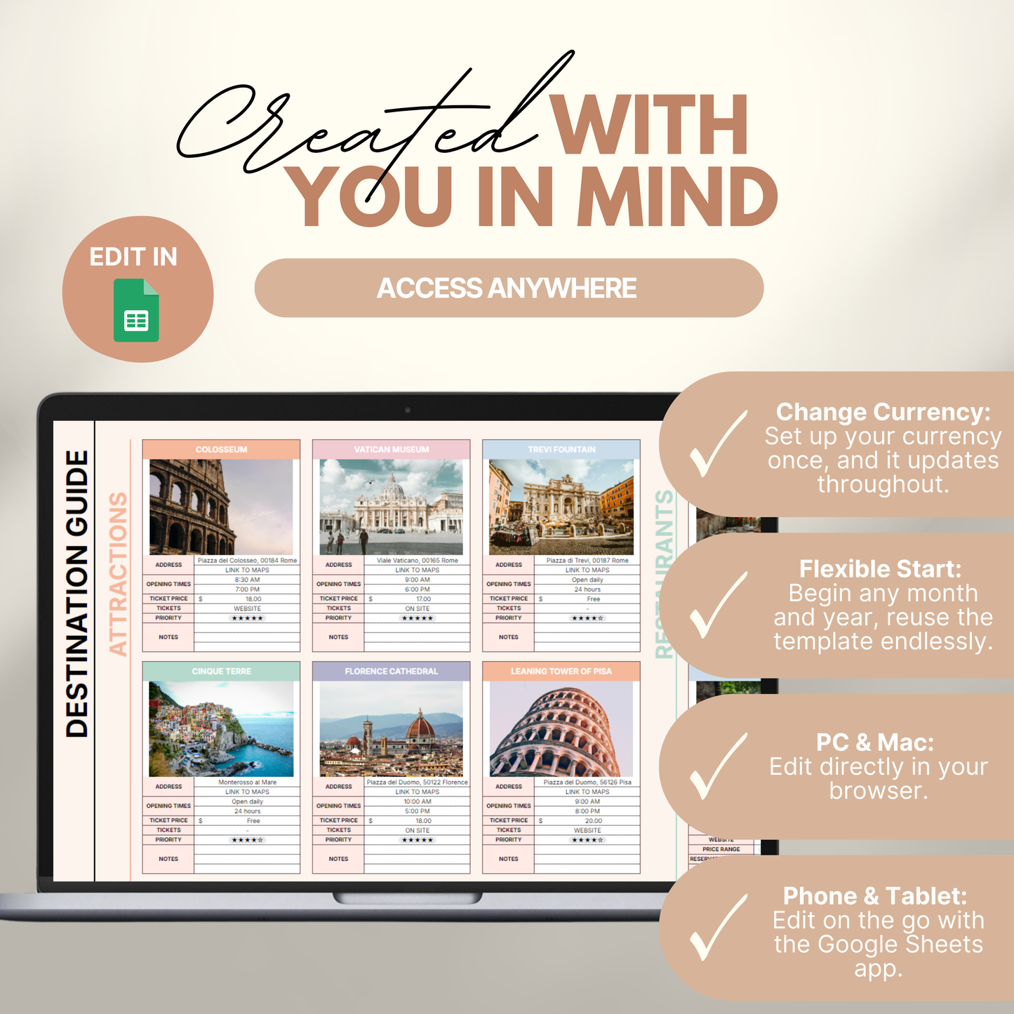 Digital travel planner destination guide displayed on a laptop screen, featuring detailed attraction cards for popular sites like the Colosseum, Vatican Museum, Trevi Fountain, and more. Text highlights key features: change currency automatically, flexible start date, compatibility with PC/Mac, and mobile editing via Google Sheets.