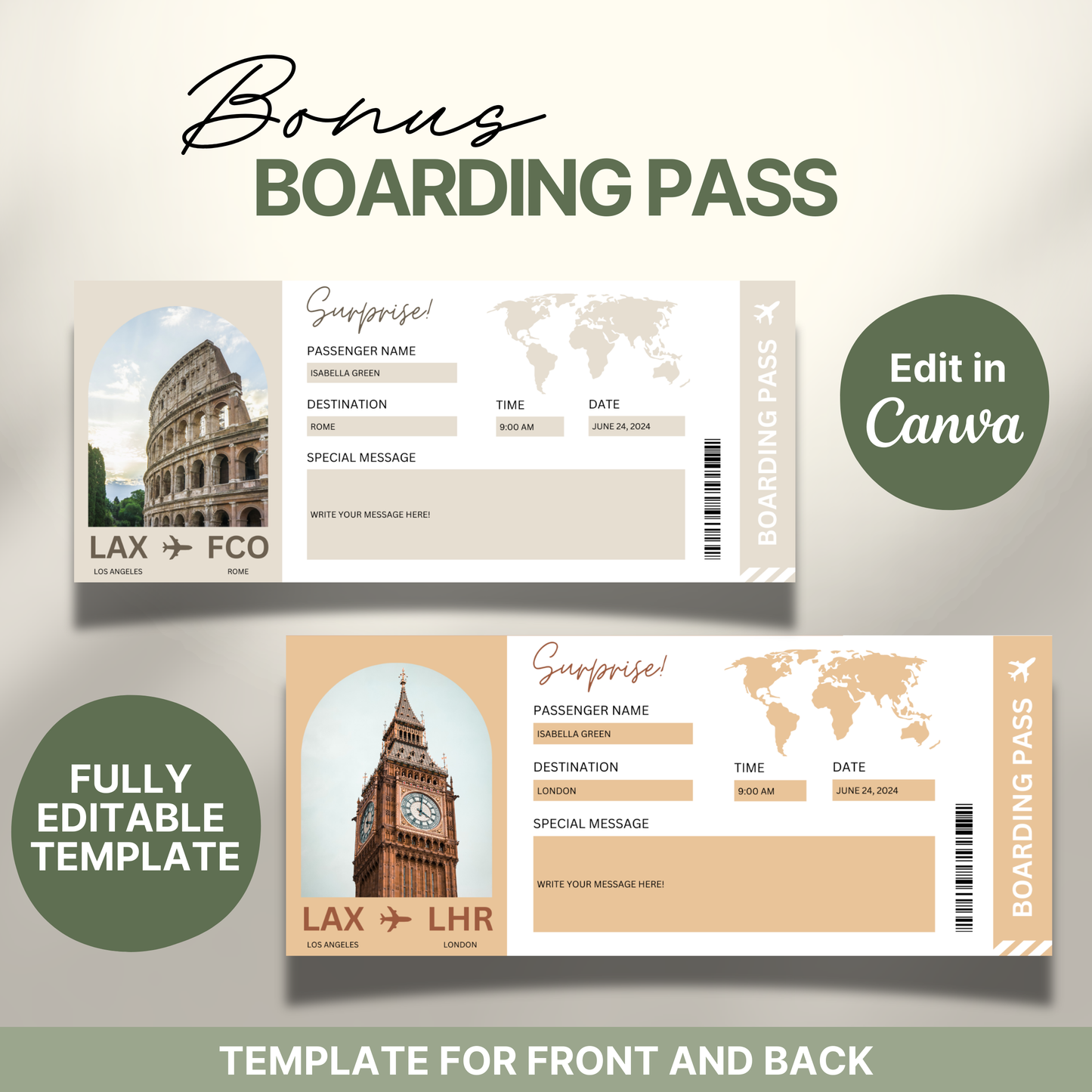 Editable Canva bonus boarding pass templates showing front and back designs with travel details for flights from Los Angeles to Rome and London. Each pass includes a destination image (Colosseum and Big Ben), a world map, and customizable fields for passenger name, date, time, and a personal message.