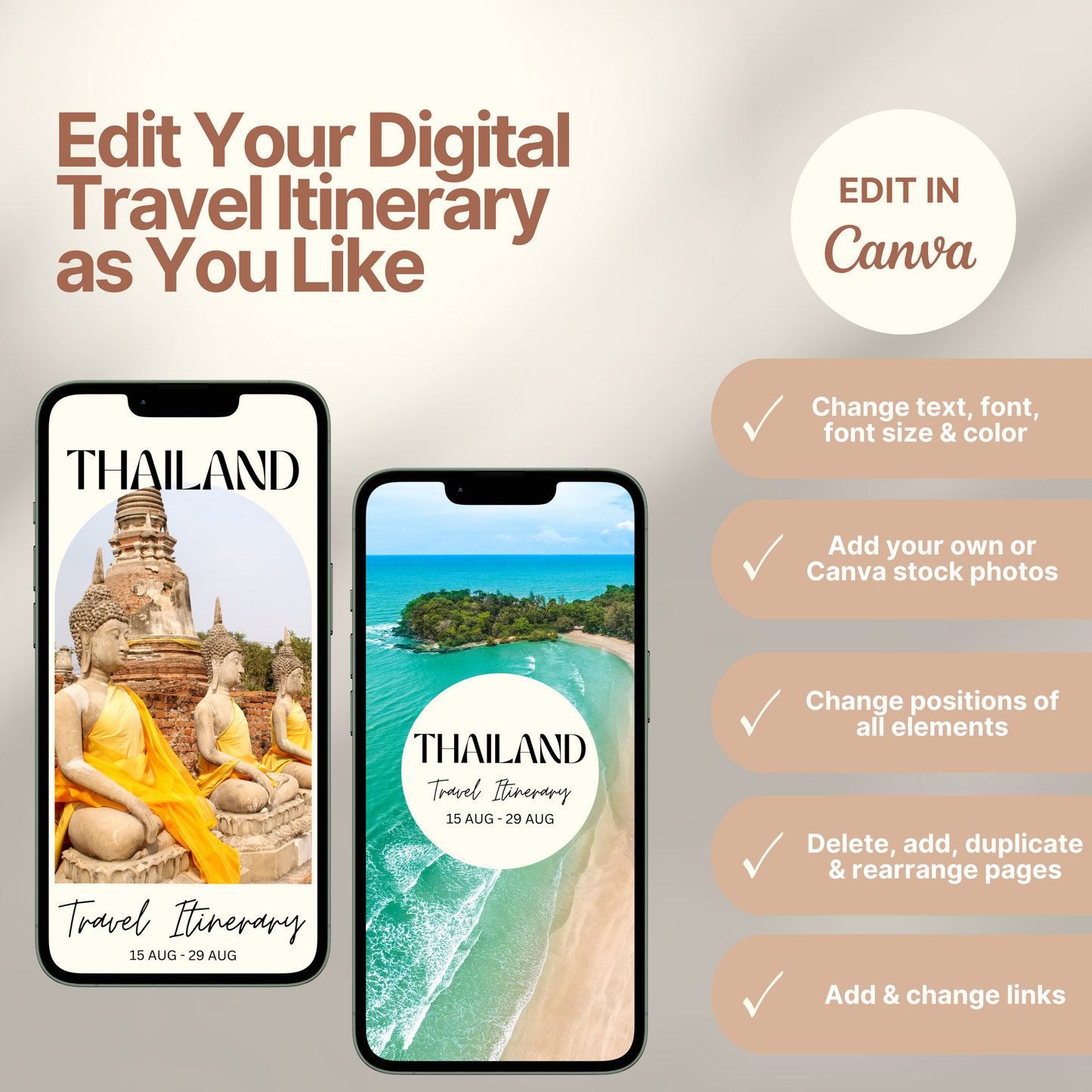 Two smartphones display customizable digital travel itinerary covers. The right side of the image lists editing features in Canva, including changing text, font, colors, images, layout, and links. A round badge reads “EDIT IN Canva,” emphasizing flexibility and personalization options.