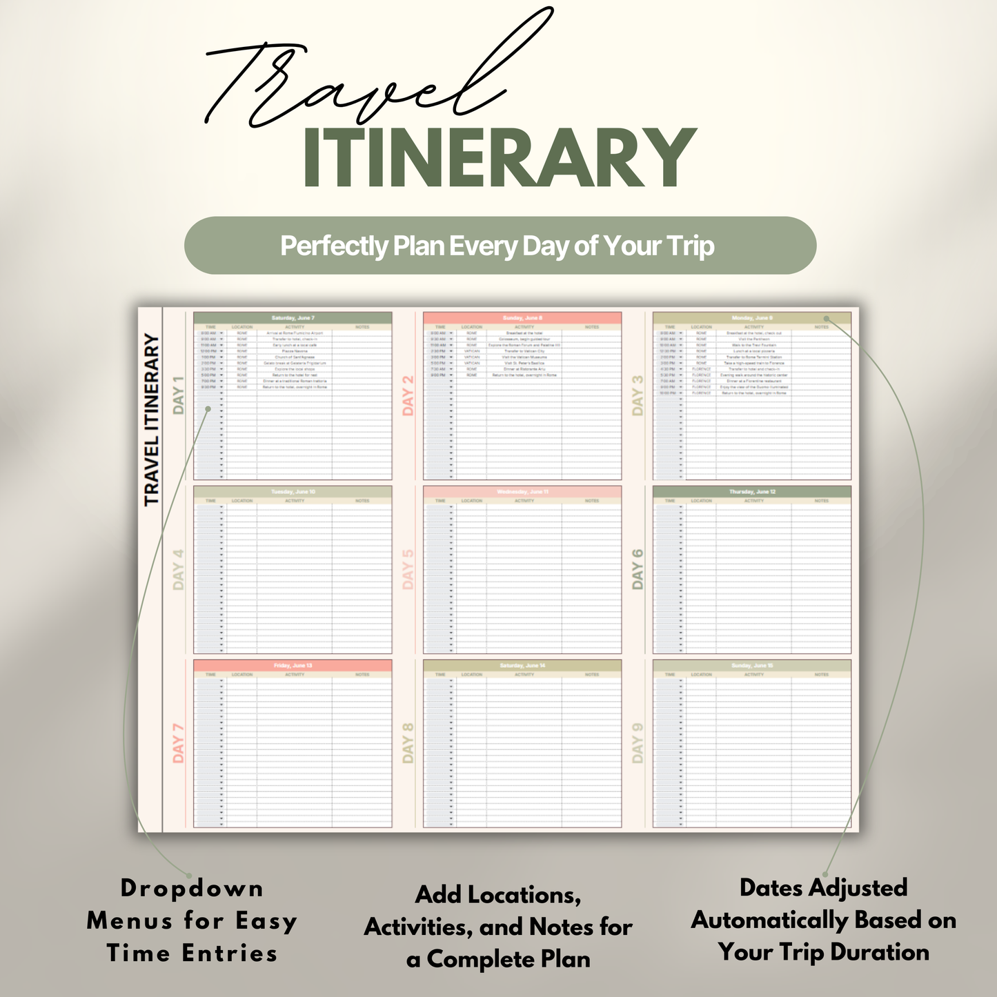 Overview of a digital travel planner showing the daily travel itinerary.