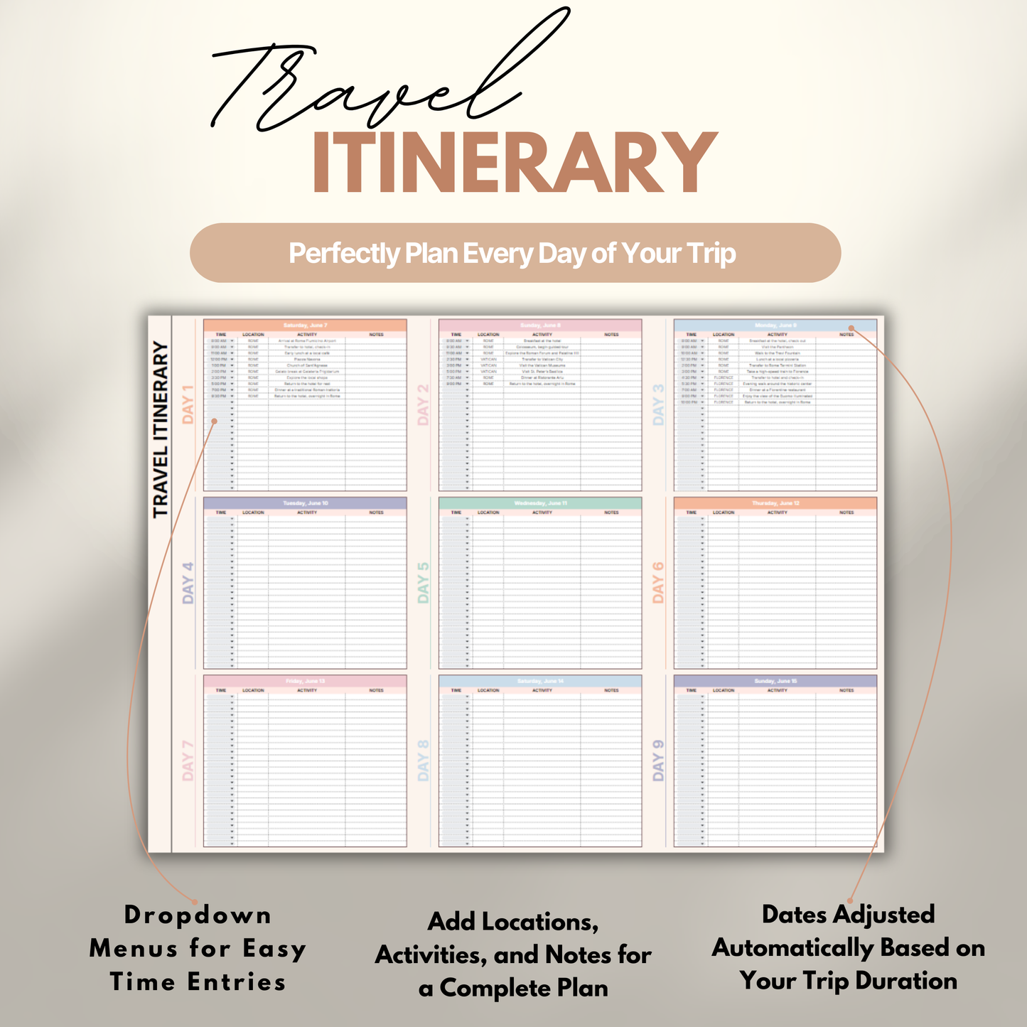 Overview of a digital travel planner showing the daily travel itinerary.