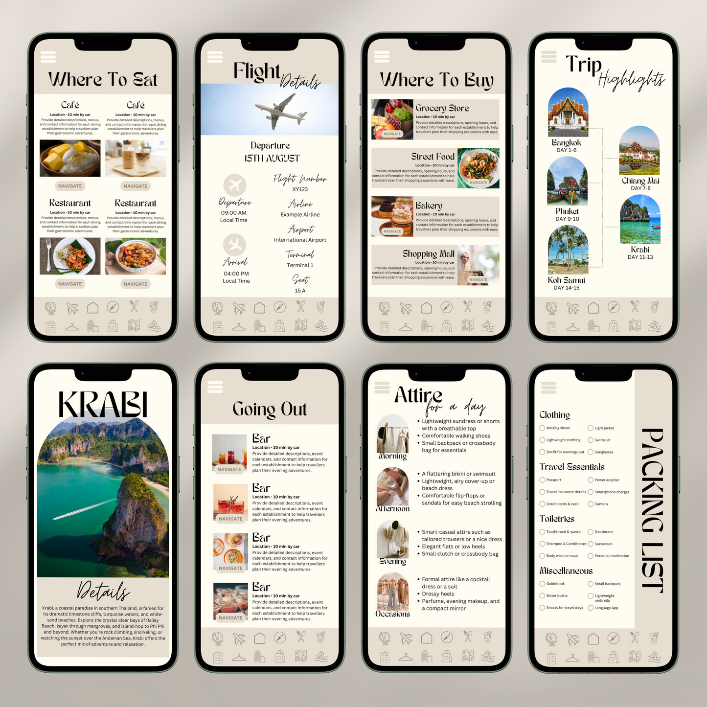 A collage of eight smartphone screens showcases a digital travel itinerary interface. Each screen displays different sections.