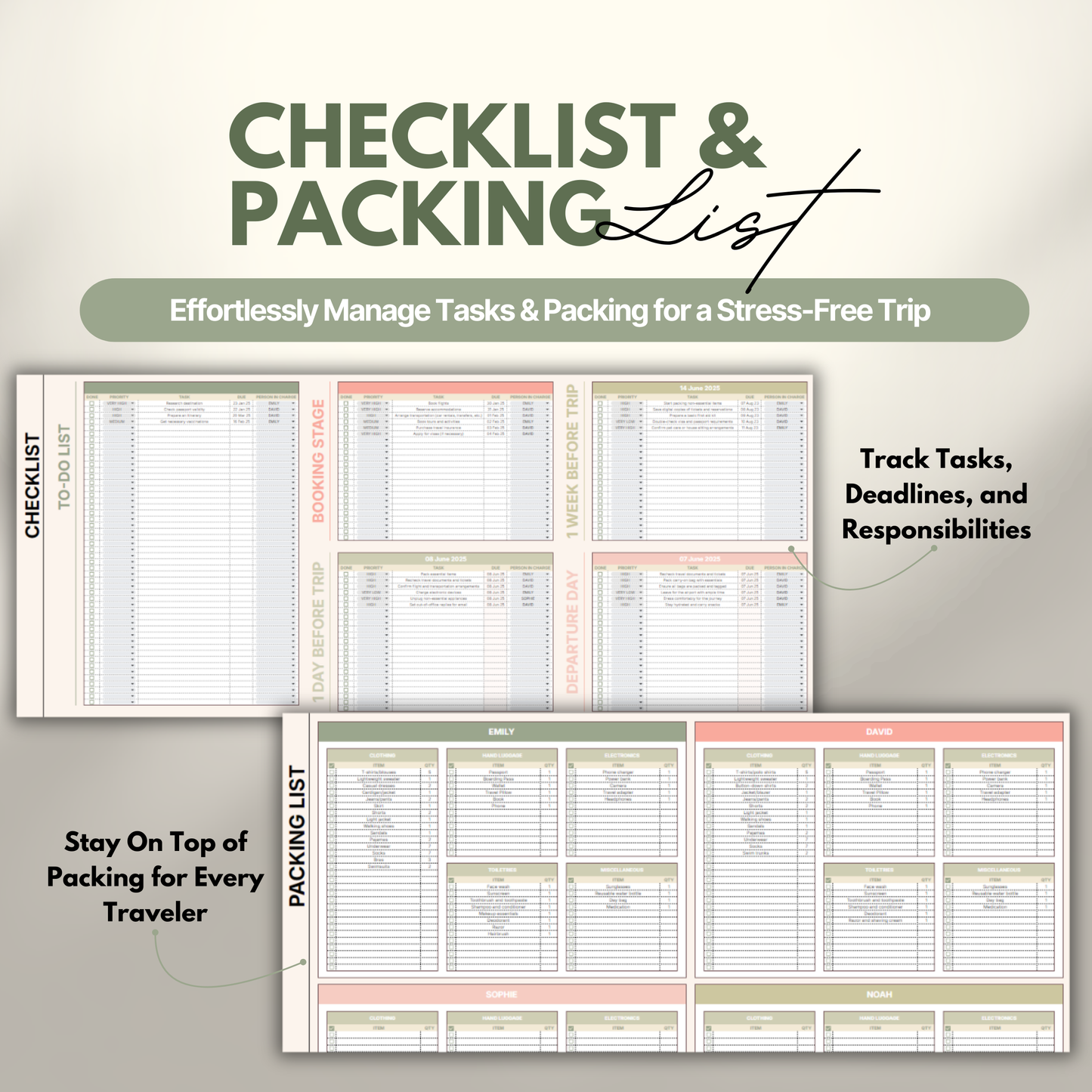Overview of a digital travel planner showing the checlist and packing list.