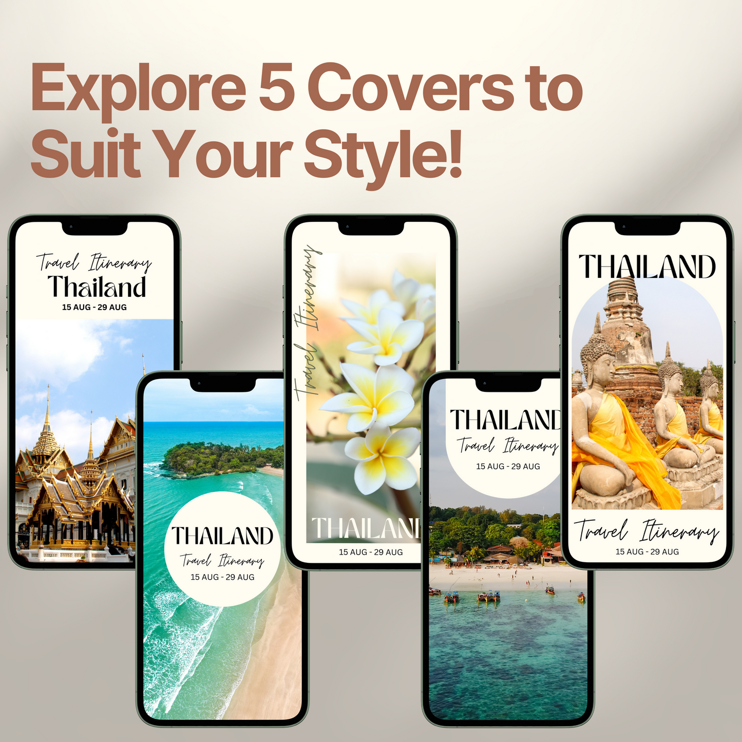 Five smartphone screens display different stylish cover designs. The headline above reads “Explore 5 Covers to Suit Your Style!” showcasing customization options for travelers.