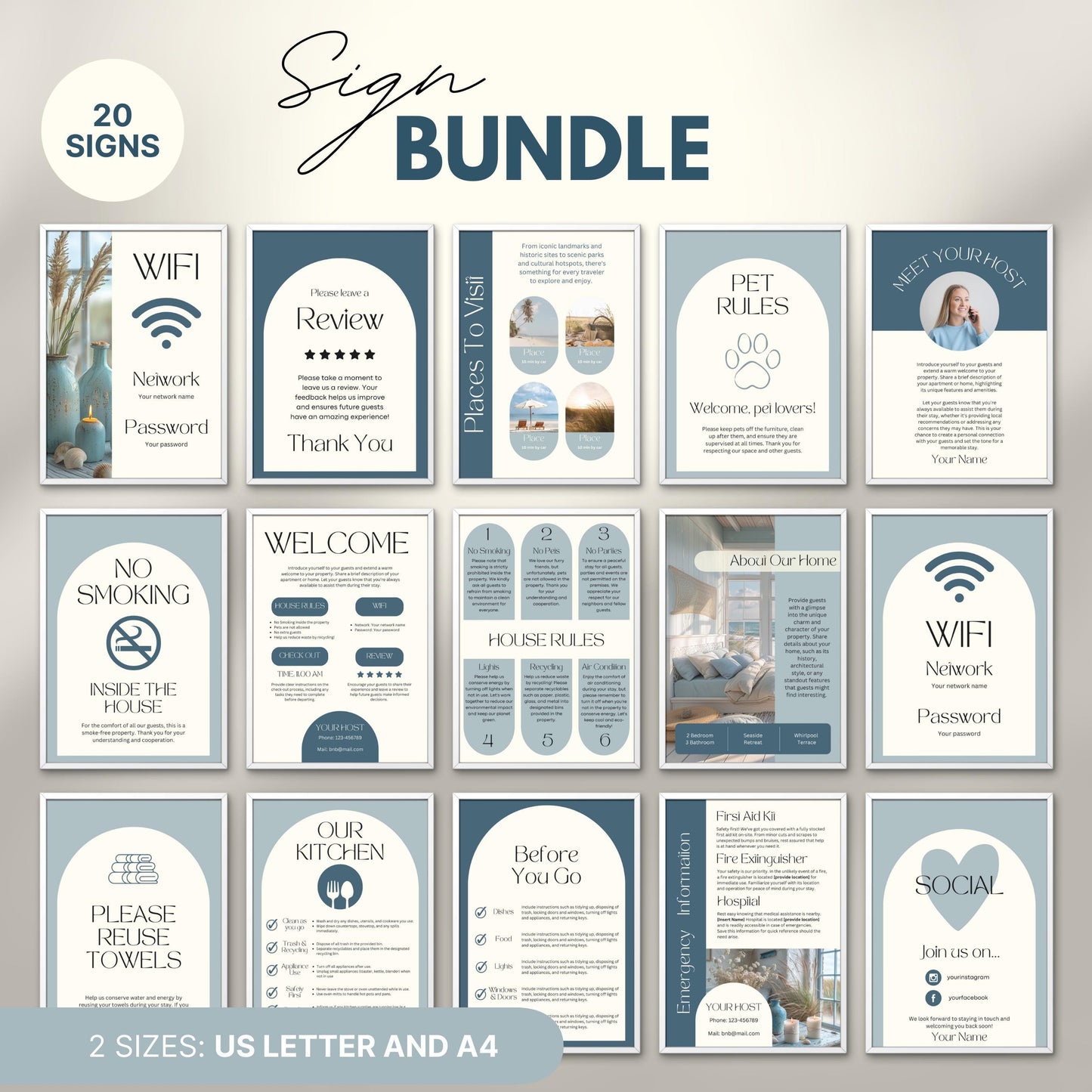 Overview of a airbnb host bundle showing airbnb signs in us letter and a4.