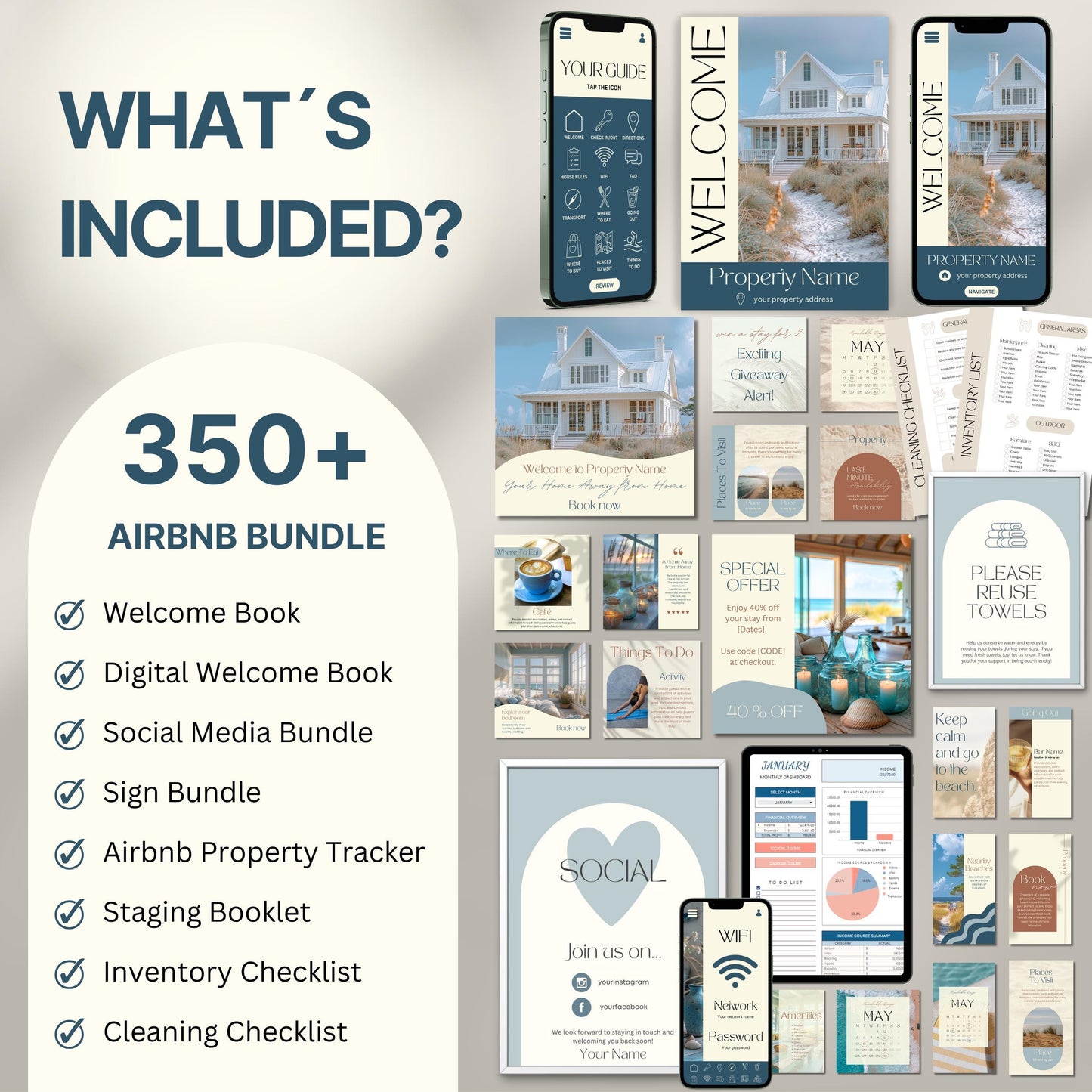 Overview image of a 350+ piece Airbnb Host Bundle in a soft theme, showcasing digital and printed welcome books, social media templates, property signs, checklists, and guest guides designed for Airbnb hosts to enhance guest experience and streamline hosting.