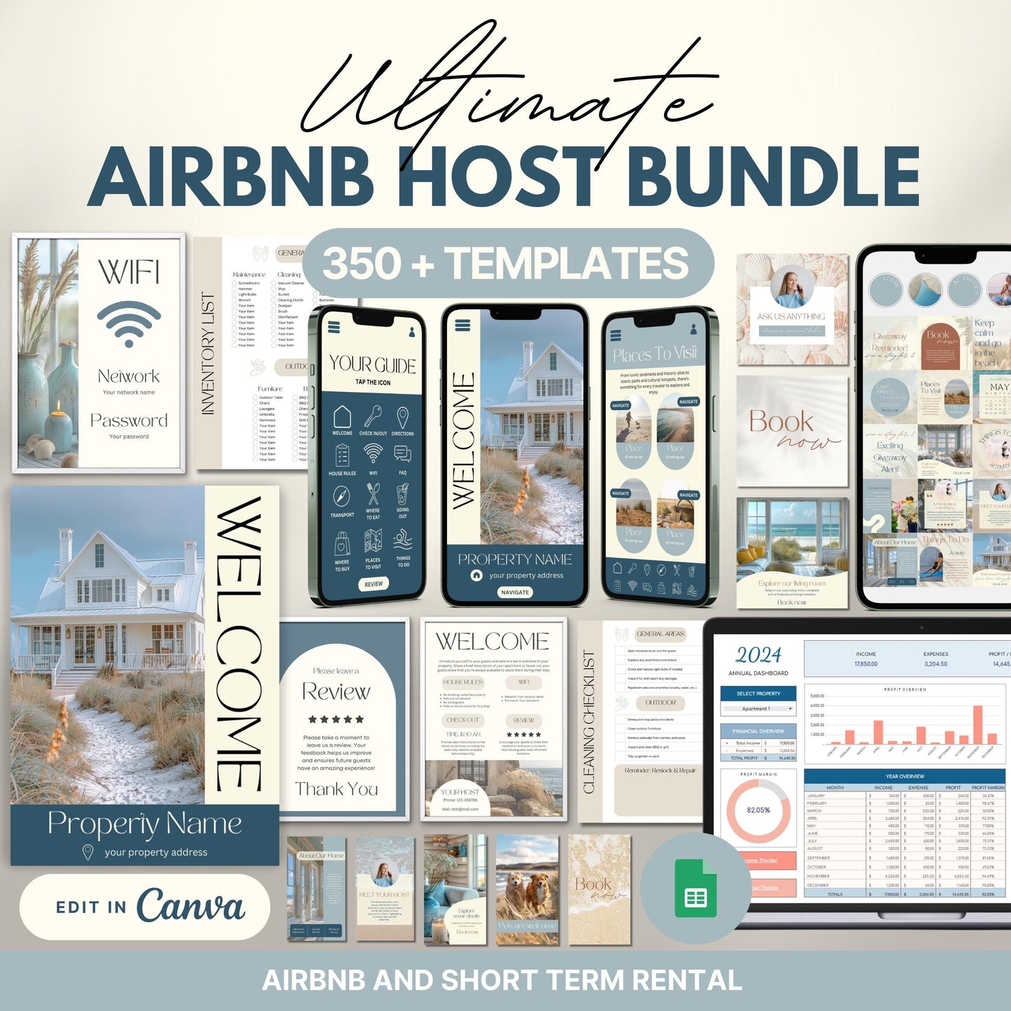 Promotional graphic for the “Ultimate Airbnb Host Bundle” showcasing over 350 editable templates. The image features a variety of digital and printable templates displayed on phones, tablets, laptops, and printed pages.