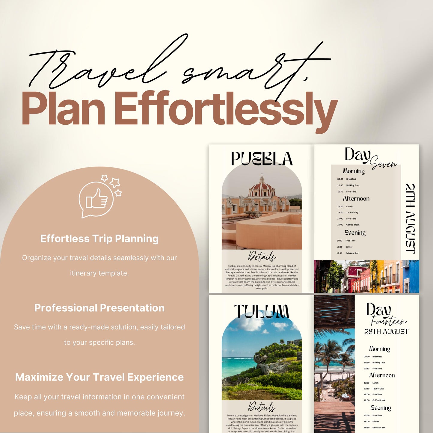 A promotional image for a travel itinerary template titled “Travel smart. Plan Effortlessly.” On the left, a rounded panel highlights benefits of the product including: "Effortless Trip Planning," "Professional Presentation," and "Maximize Your Travel Experience."