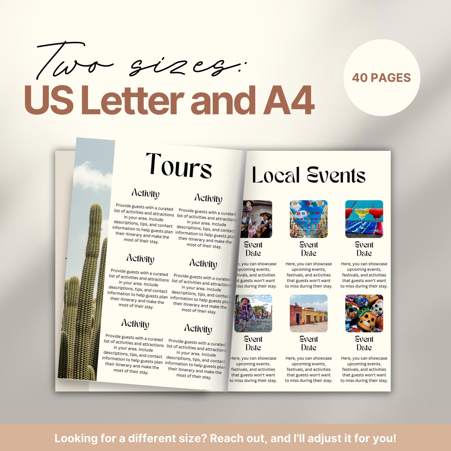 Travel itinerary template displayed in two formats: US Letter and A4 sizes, featuring organized trip details, minimalist design, and printable layout for easy planning.