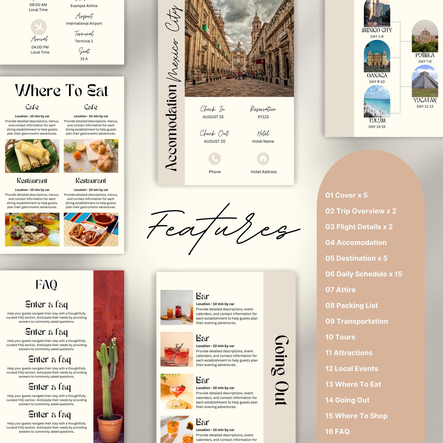 Travel itinerary template with features like daily schedule, accommodation and transportation details, packing checklist.