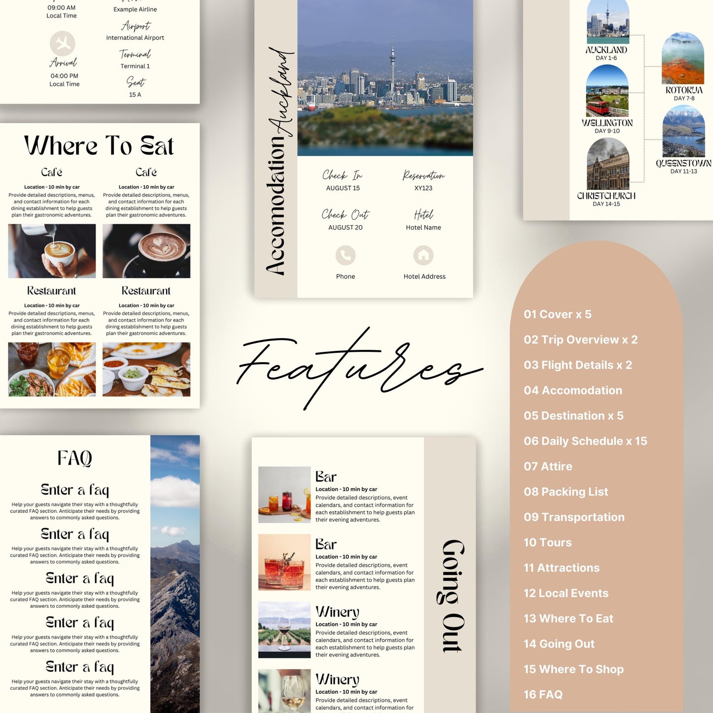 Travel itinerary template with features like daily schedule, accommodation and transportation details, packing checklist.