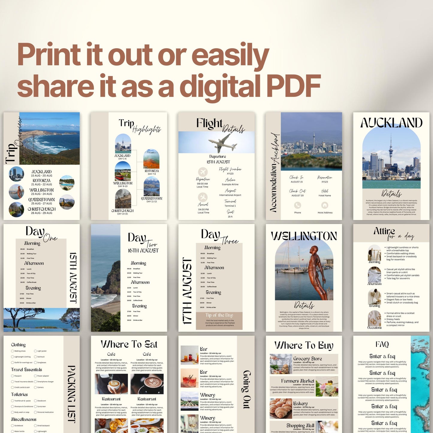 A preview layout showing multiple pages from a travel itinerary template. The design is modern, organized, and visually rich with photos of destinations, local cuisine, and cultural icons.