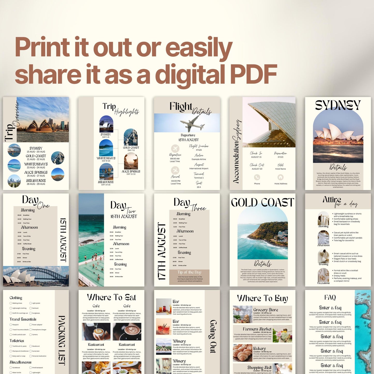 A preview layout showing multiple pages from a travel itinerary template. The design is modern, organized, and visually rich with photos of destinations, local cuisine, and cultural icons.