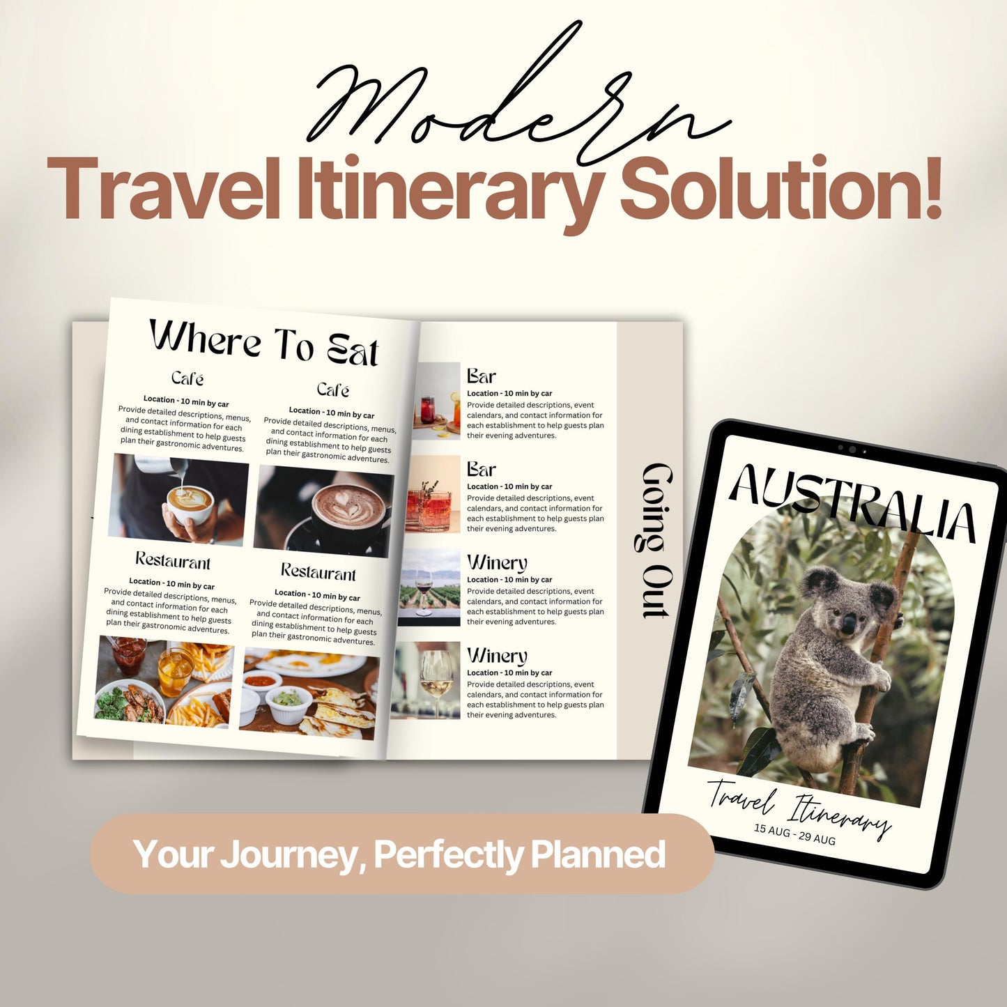 A promotional image titled “Modern Travel Itinerary Solution!” featuring a travel itinerary.