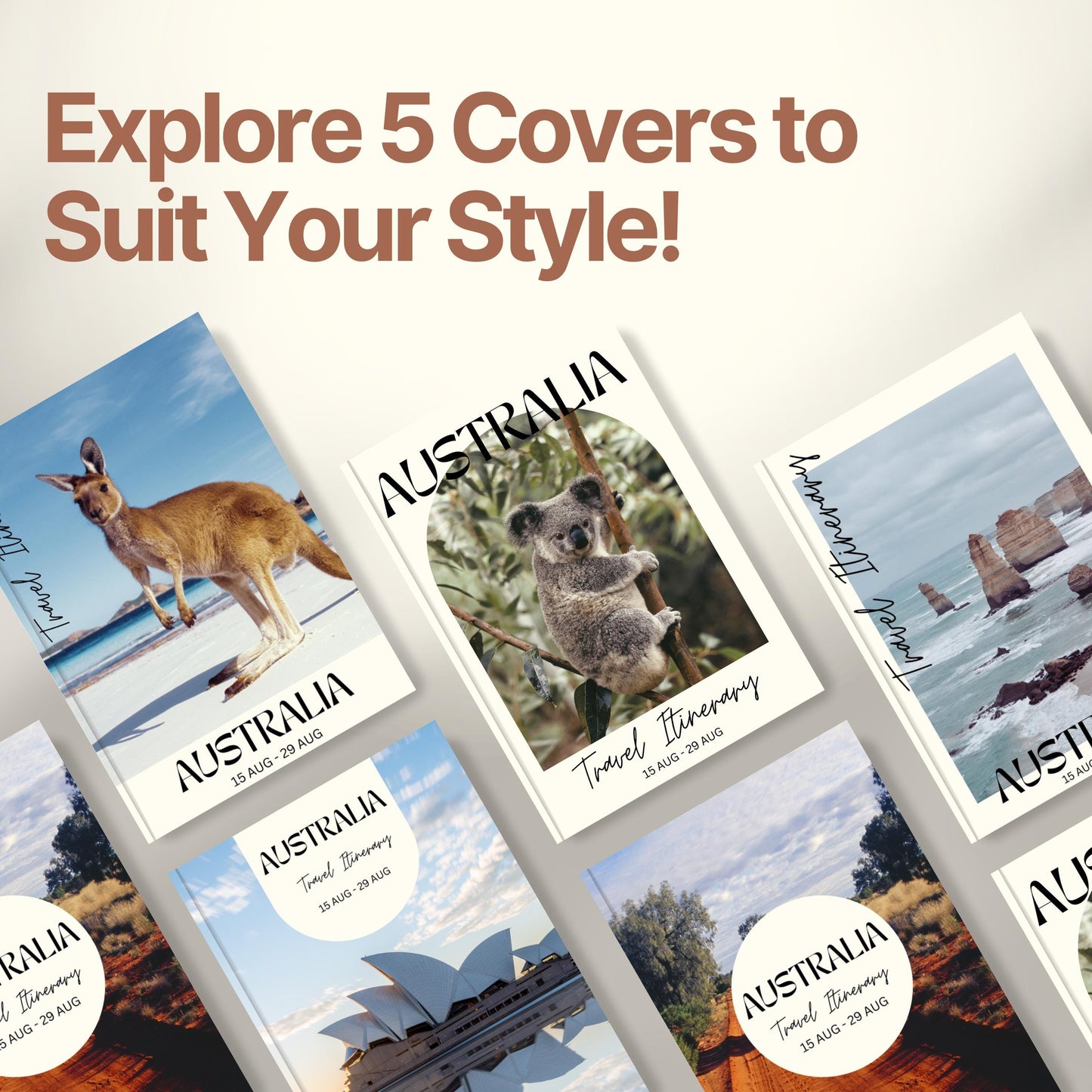 A promotional graphic titled “Explore 5 Covers to Suit Your Style!” showcasing five different travel itinerary cover designs.