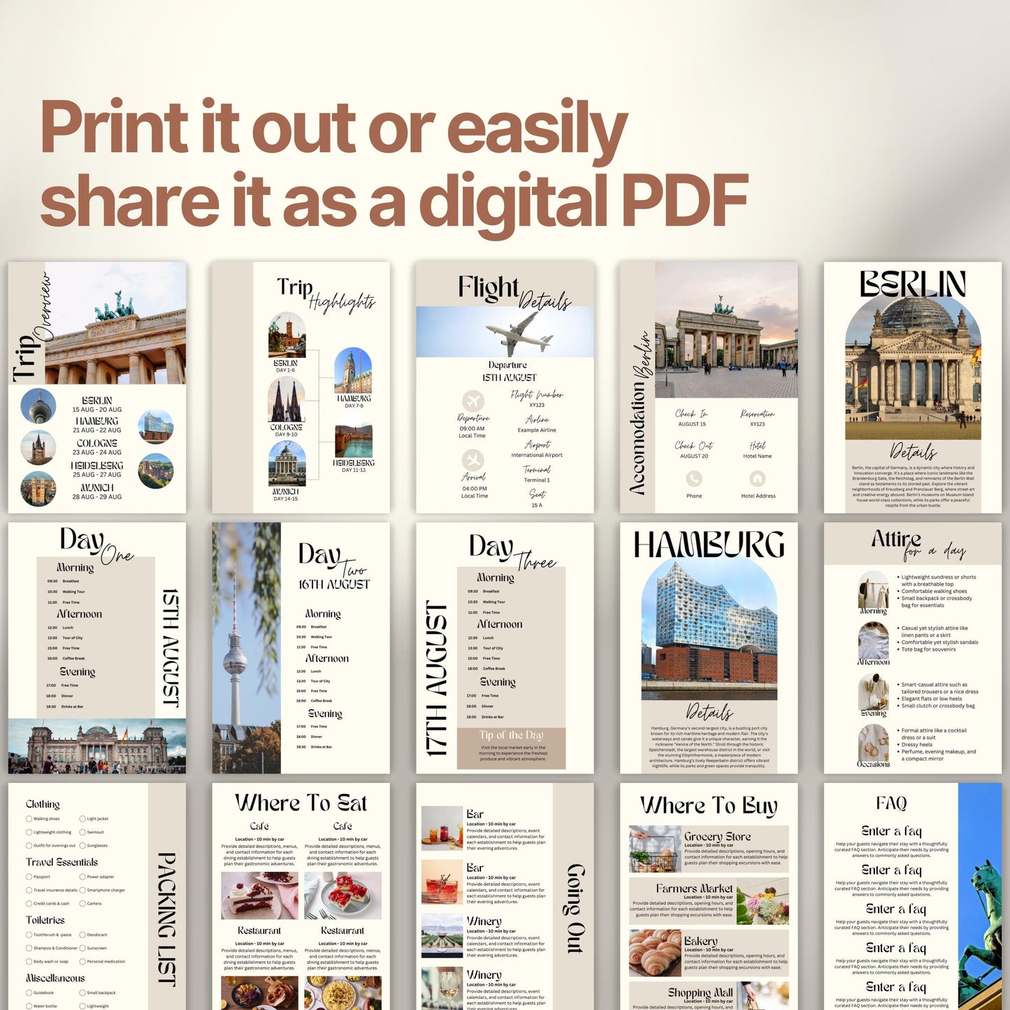 A preview layout showing multiple pages from a travel itinerary template. The design is modern, organized, and visually rich with photos of destinations, local cuisine, and cultural icons.