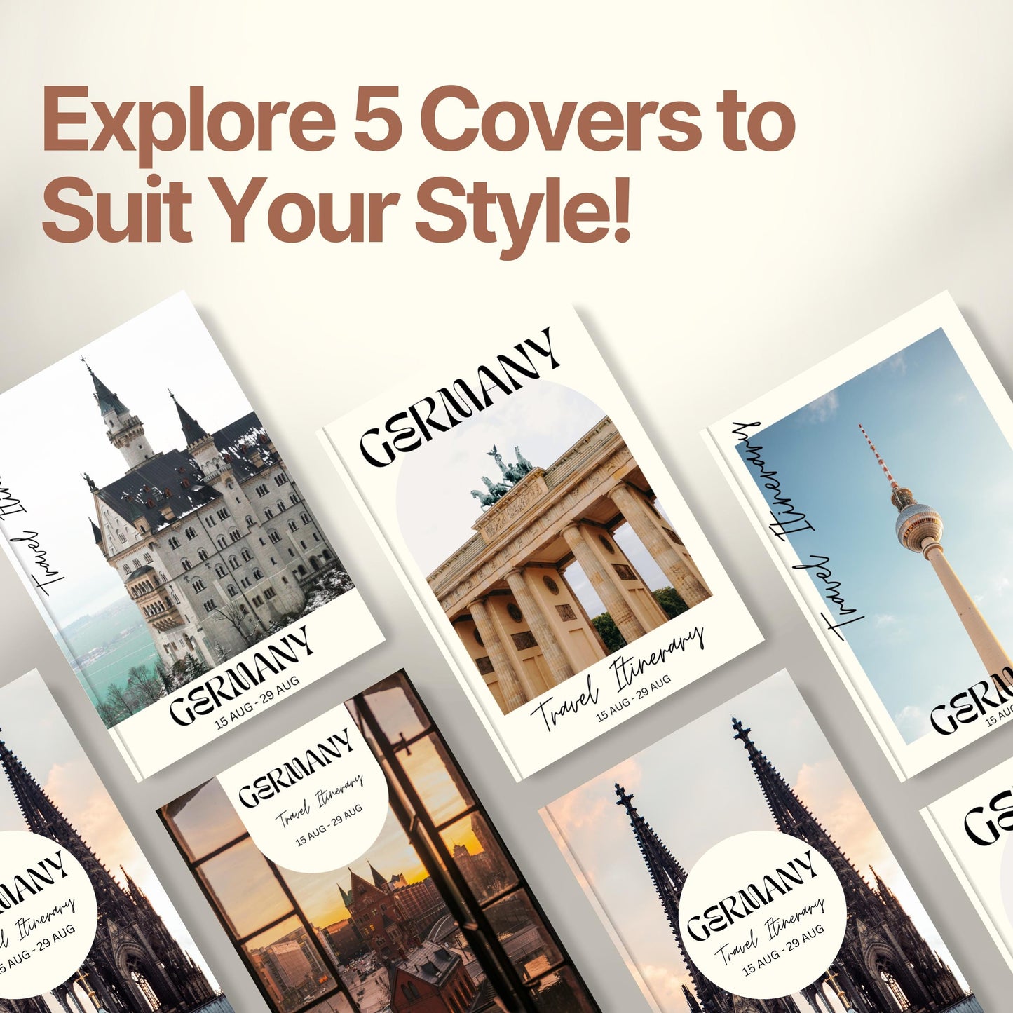 A promotional graphic titled “Explore 5 Covers to Suit Your Style!” showcasing five different travel itinerary cover designs.