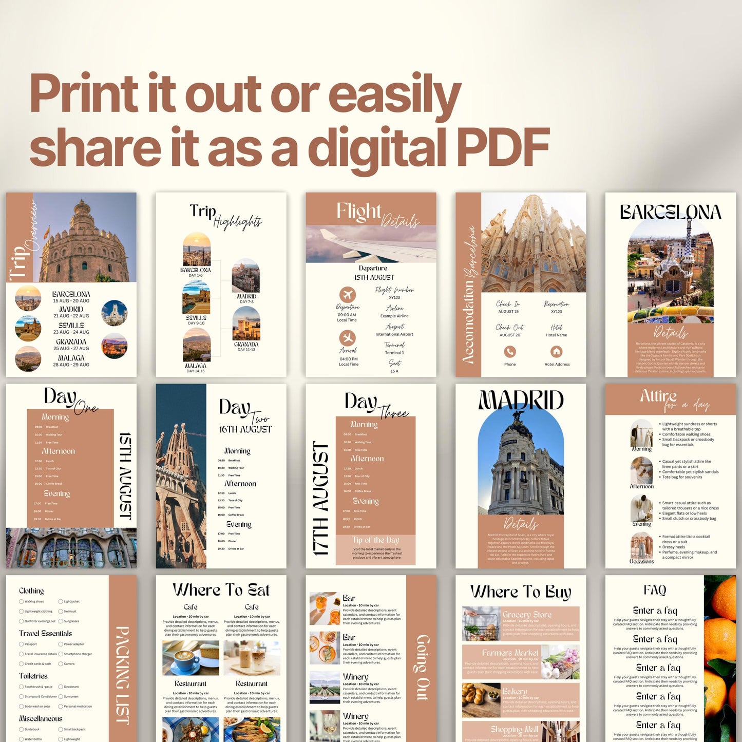 A preview layout showing multiple pages from a travel itinerary template. The design is modern, organized, and visually rich with photos of destinations, local cuisine, and cultural icons.