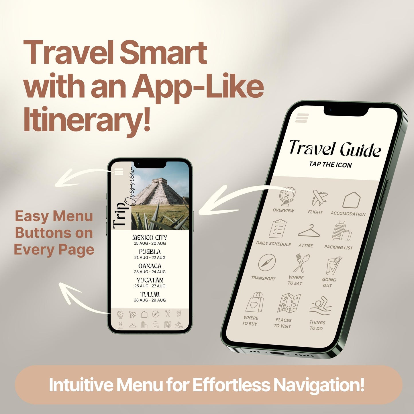 Two smartphones display a digital travel itinerary designed to look and function like an app. Bold text highlights features like "Easy Menu Buttons on Every Page" and "Intuitive Menu for Effortless Navigation!"