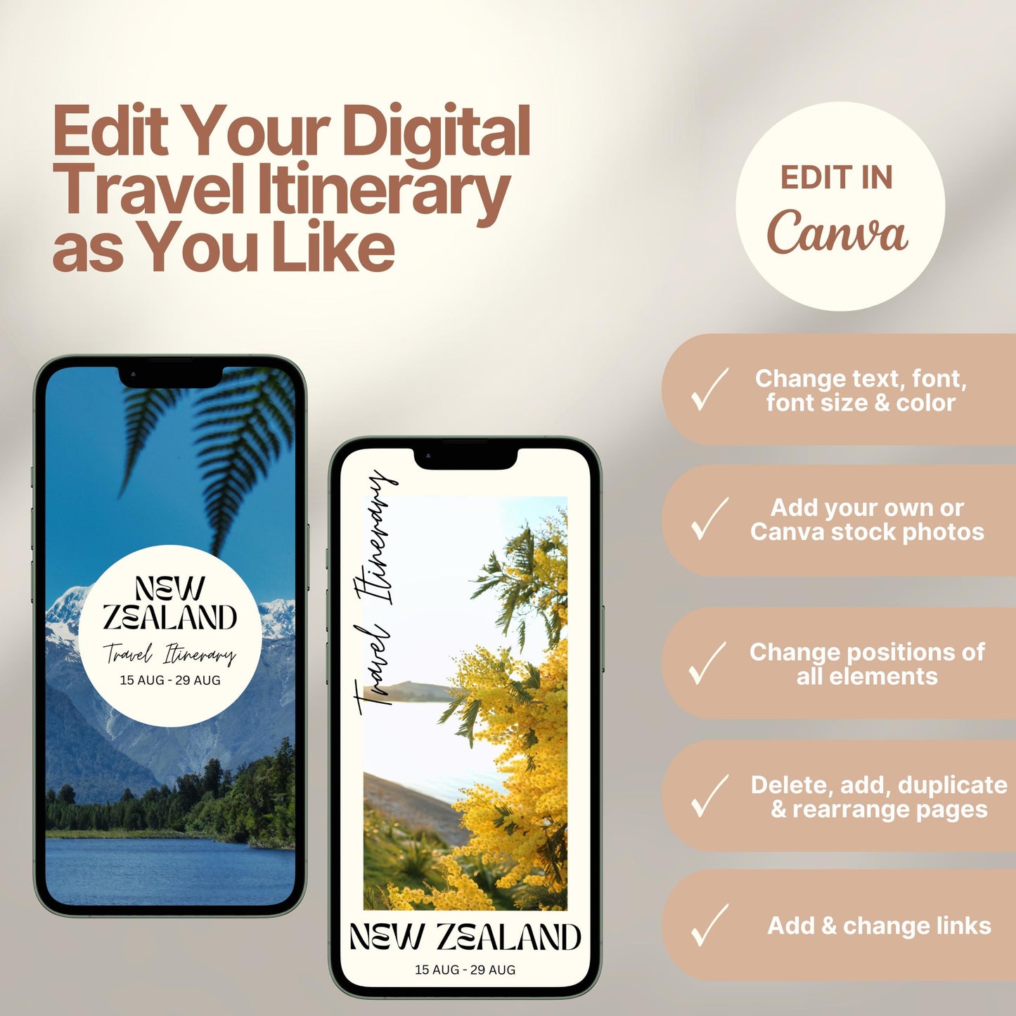 Two smartphones display customizable digital travel itinerary covers. The right side of the image lists editing features in Canva, including changing text, font, colors, images, layout, and links. A round badge reads “EDIT IN Canva,” emphasizing flexibility and personalization options.