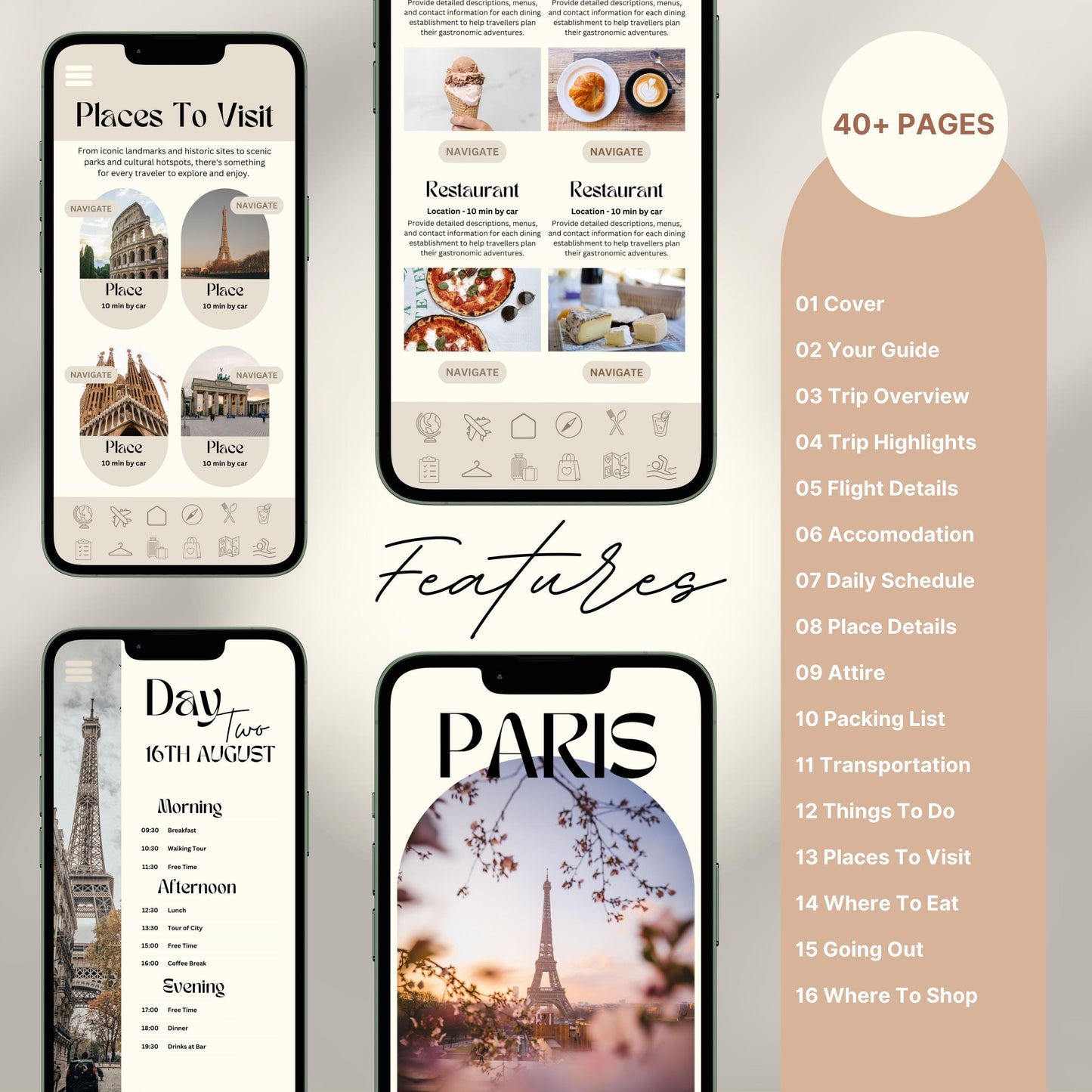 Travel itinerary template with features like daily schedule, accommodation and transportation details, packing checklist.