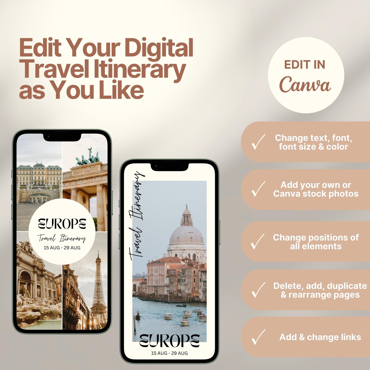 Two smartphones display customizable digital travel itinerary covers. The right side of the image lists editing features in Canva, including changing text, font, colors, images, layout, and links. A round badge reads “EDIT IN Canva,” emphasizing flexibility and personalization options.
