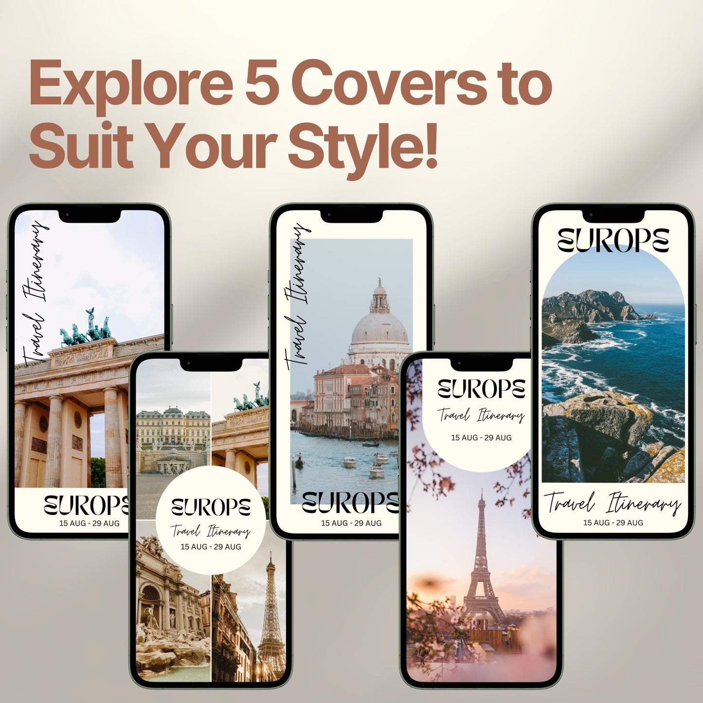 Five smartphone screens display different stylish cover designs. The headline above reads “Explore 5 Covers to Suit Your Style!” showcasing customization options for travelers.