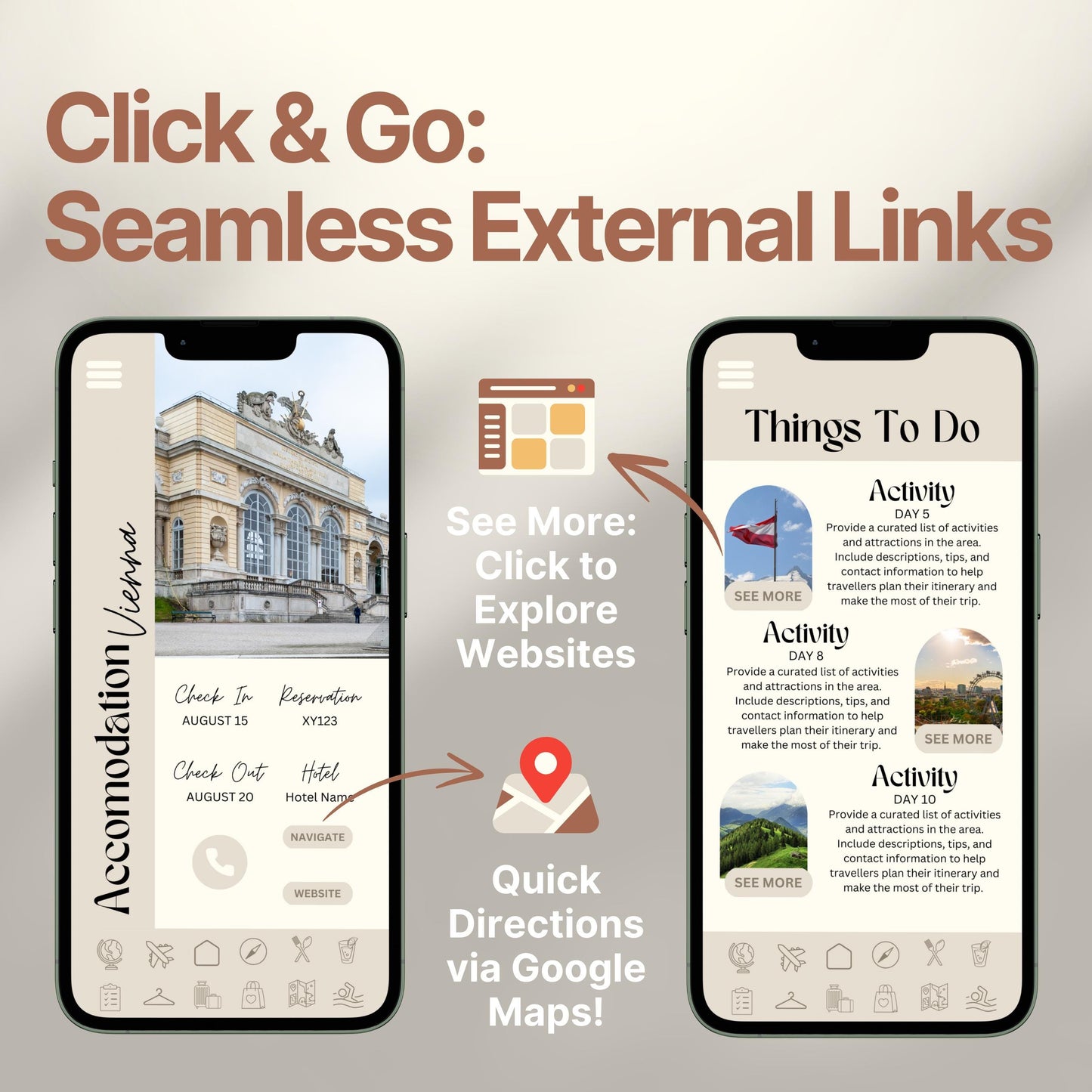 Two smartphones display an interactive digital travel guide interface. Text highlights features like “Quick Directions via Google Maps!” and “Click to Explore Websites,” emphasizing seamless external link integration for an app-like travel experience.