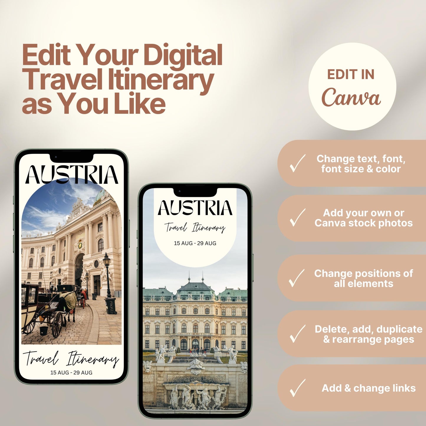 Two smartphones display customizable digital travel itinerary covers. The right side of the image lists editing features in Canva, including changing text, font, colors, images, layout, and links. A round badge reads “EDIT IN Canva,” emphasizing flexibility and personalization options.