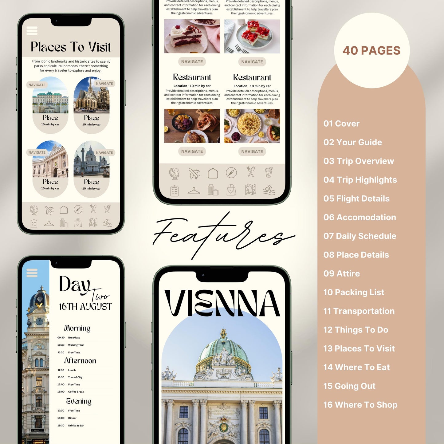 A promotional graphic for a 40-page digital travel itinerary, displayed on mobile phones. The screens show beautifully designed pages including “Places to Visit,” restaurant recommendations with images, a detailed daily schedule,