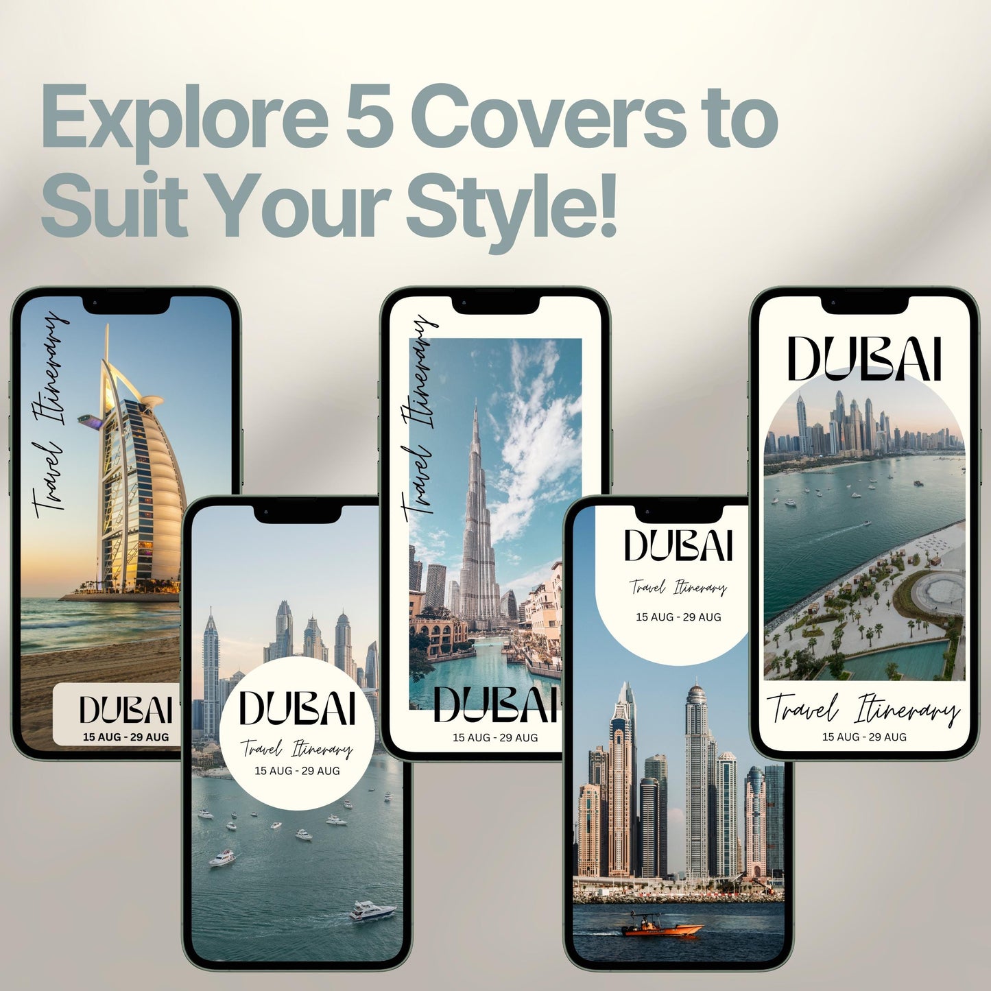 Five smartphone screens display different stylish cover designs. The headline above reads “Explore 5 Covers to Suit Your Style!” showcasing customization options for travelers.