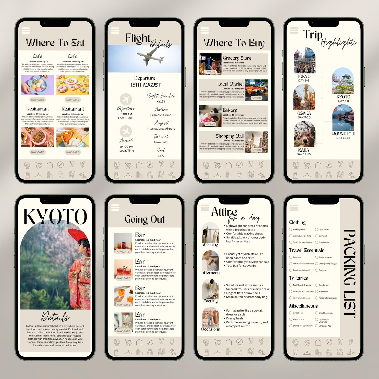 A collage of eight smartphone screens showcases a digital travel itinerary interface. Each screen displays different sections.