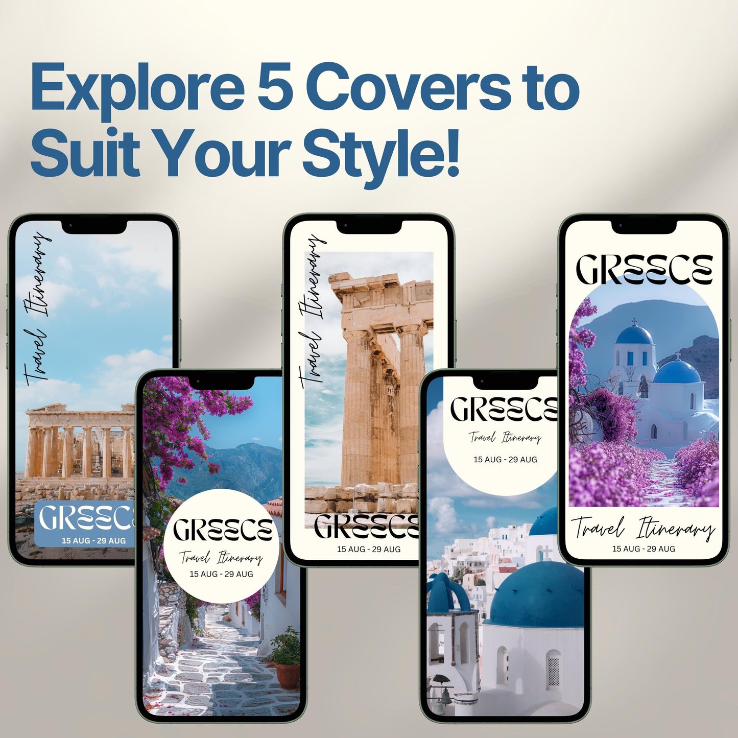 Five smartphone screens display different stylish cover designs. The headline above reads “Explore 5 Covers to Suit Your Style!” showcasing customization options for travelers.