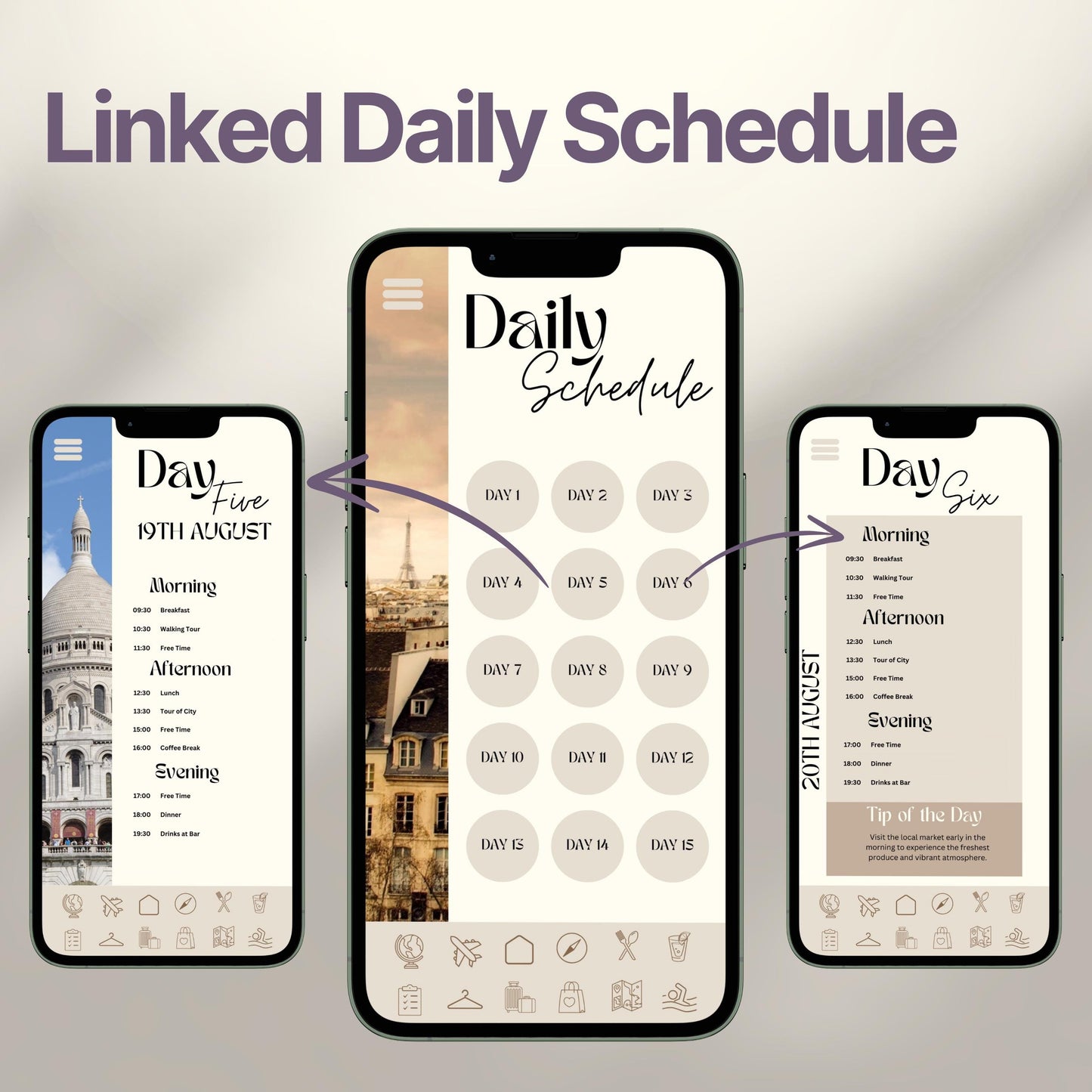 Three smartphones display an interactive digital travel itinerary. The layout emphasizes the ability to click each day for a linked, organized itinerary.