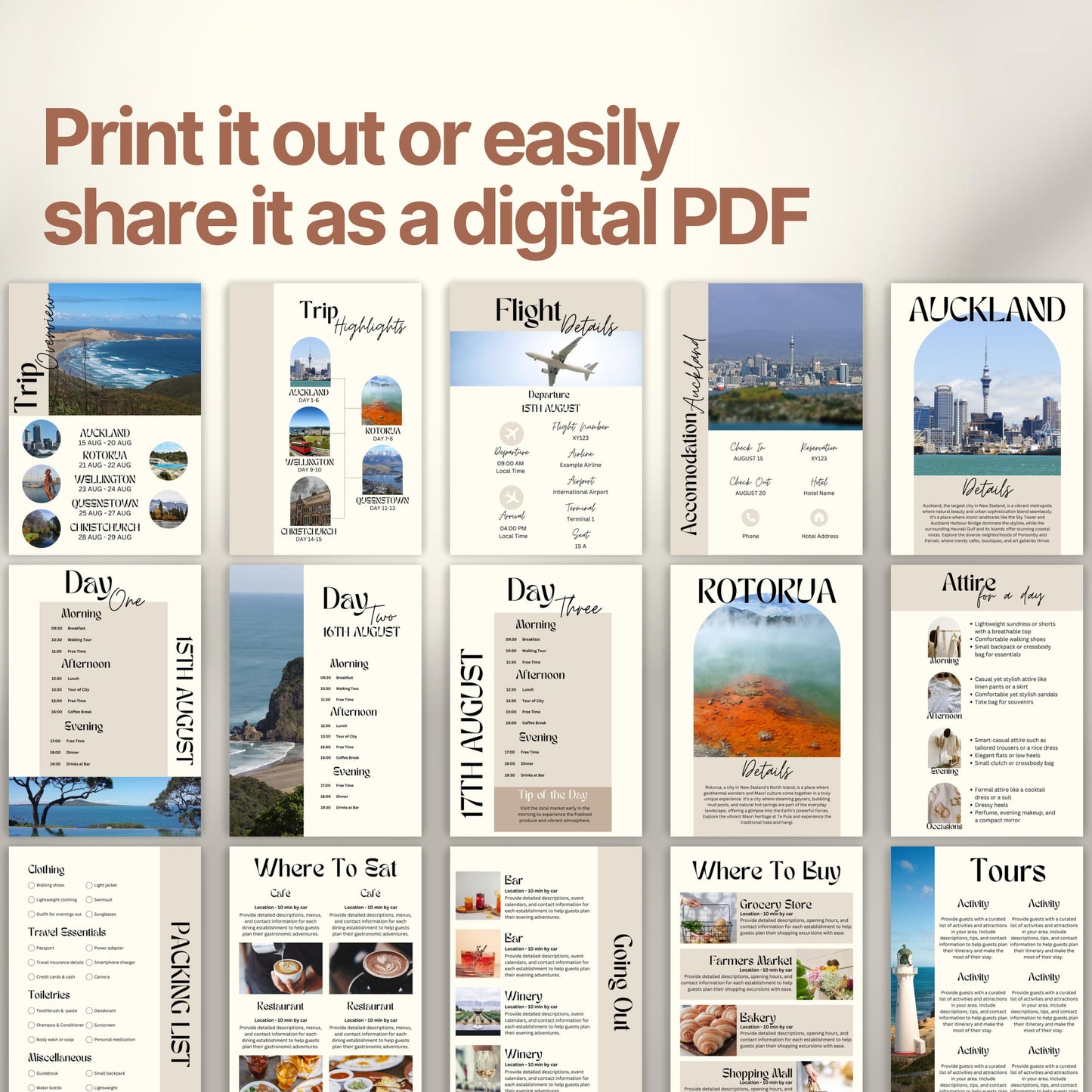 A preview layout showing multiple pages from a travel itinerary template. The design is modern, organized, and visually rich with photos of destinations, local cuisine, and cultural icons.