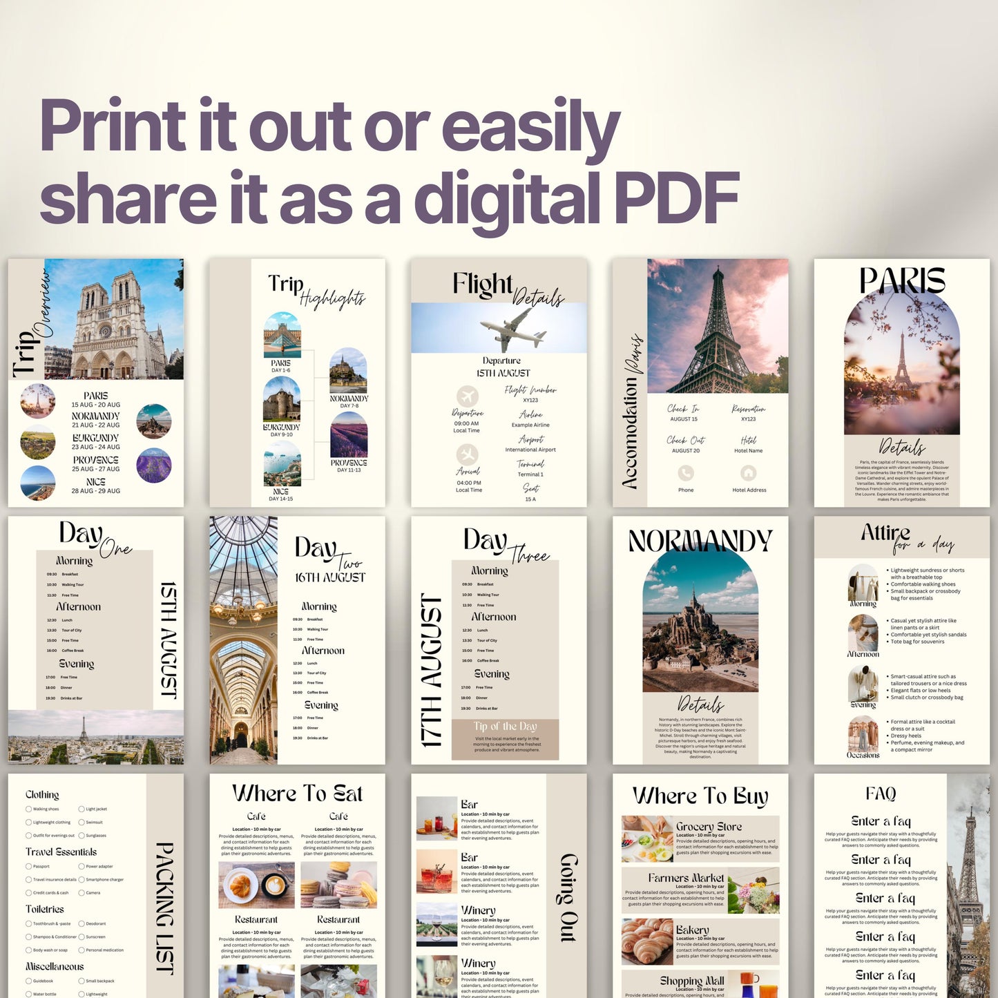 A preview layout showing multiple pages from a travel itinerary template. The design is modern, organized, and visually rich with photos of destinations, local cuisine, and cultural icons.