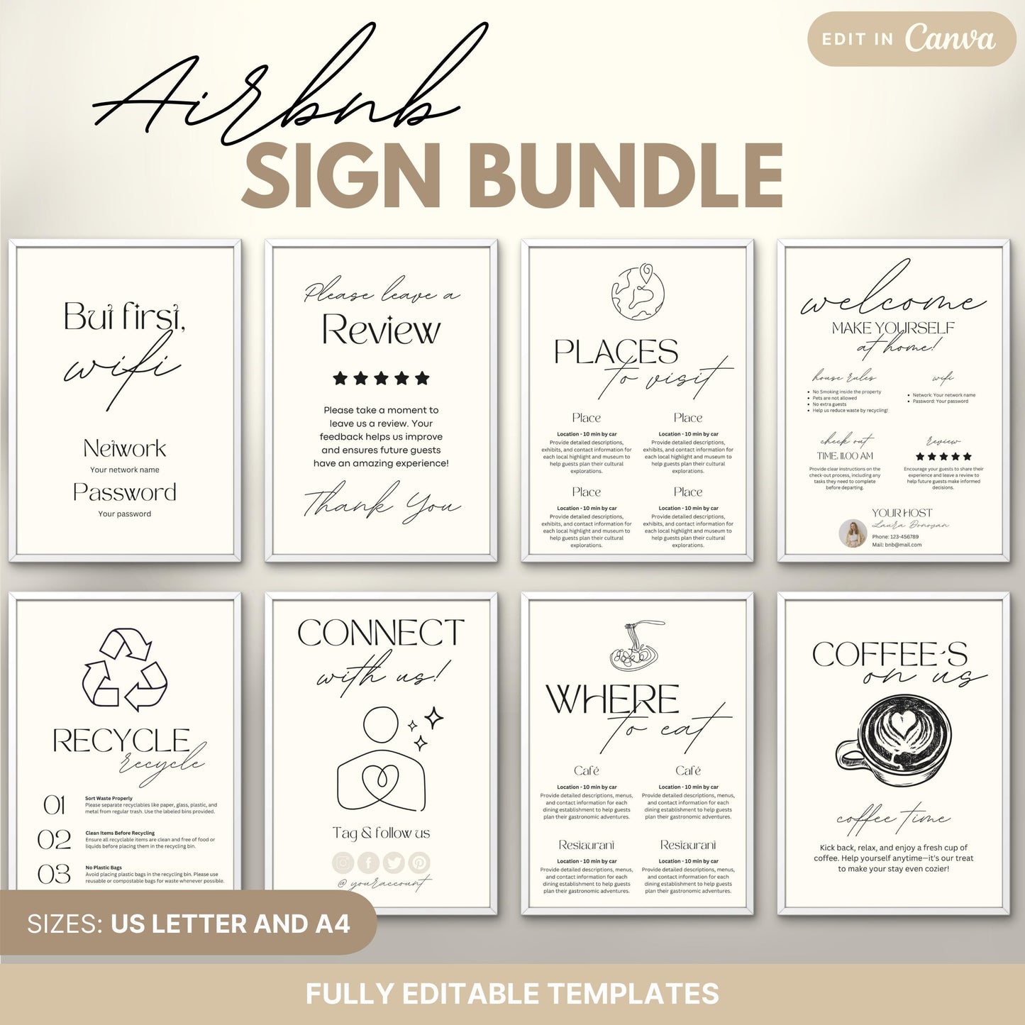 Airbnb Sign Bundle preview featuring 8 professionally designed printable signs. The signs are labeled as fully editable in Canva and are available in US Letter and A4 sizes, ideal for Airbnb hosts looking to provide stylish and informative guest communication.