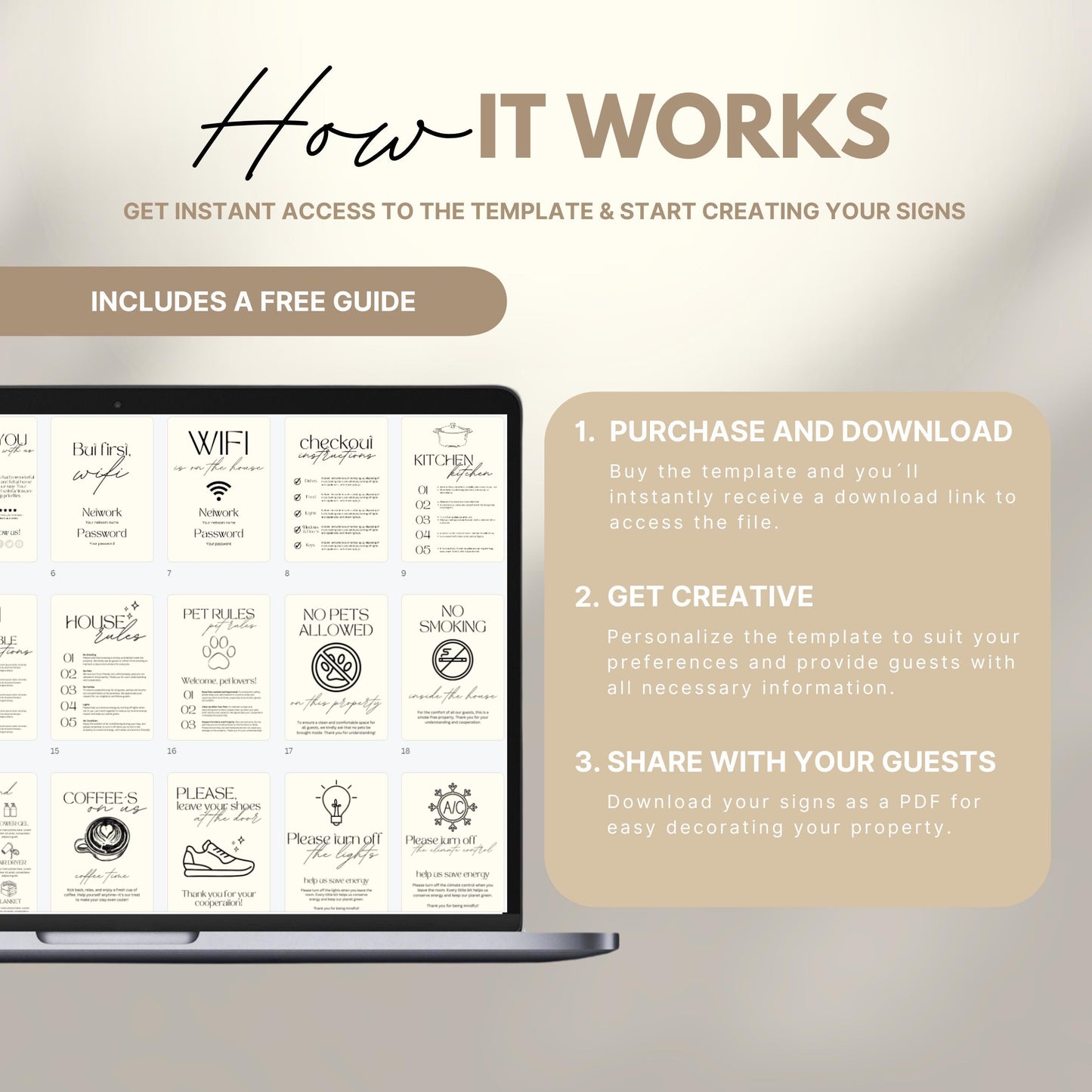 An instructional graphic titled “How It Works” guides users through the process of using customizable Airbnb sign templates. The layout includes a laptop screen displaying sample welcome signs in neutral tones, such as WiFi details, house rules, and guest reviews. To the right, three steps are listed: 1) Purchase and download the template; 2) Get creative by personalizing it with guest info; 3) Share with your guests by printing or saving as a PDF.