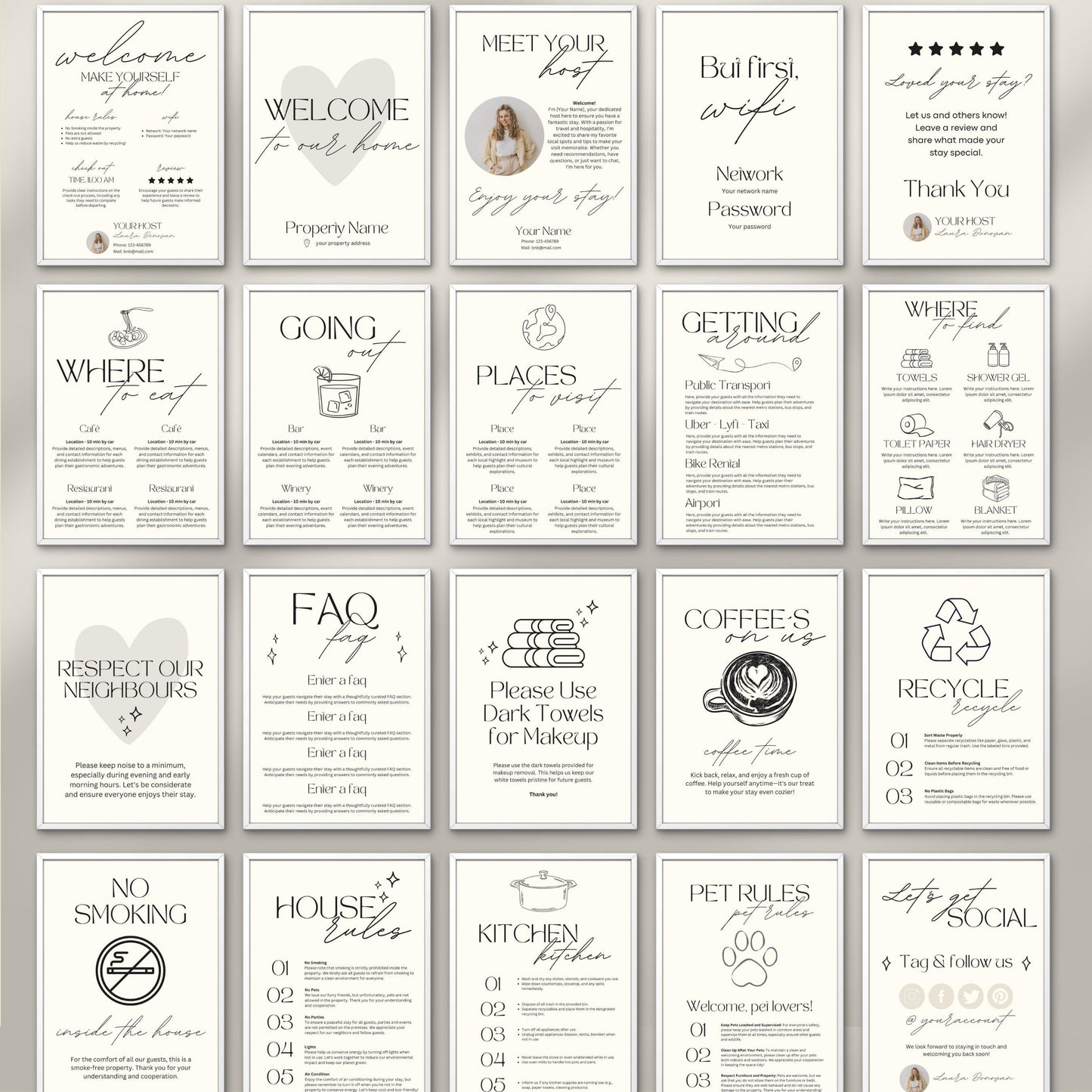 A neatly arranged collage of 20 minimalist Airbnb welcome signs. The overall aesthetic is clean, professional, and inviting—ideal for vacation rental hosts aiming to provide a warm, well-organized welcome.