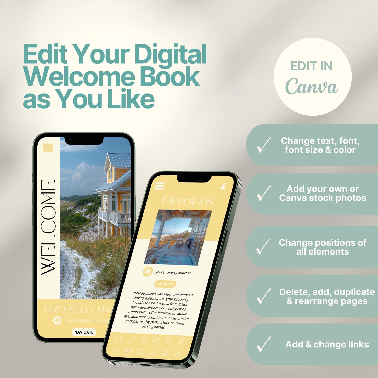 Editable Airbnb host welcome guide template, featuring welcome messages, house description, and host introduction. Includes checklist of customizable elements such as text, photos, layout, and links, all editable in Canva.