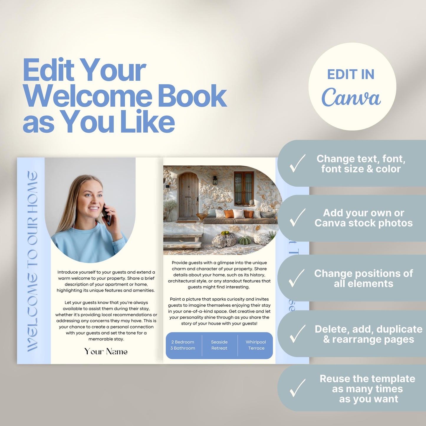 Editable Airbnb host welcome guide template, featuring welcome messages, house description, and host introduction. Includes checklist of customizable elements such as text, photos, layout, and links, all editable in Canva.