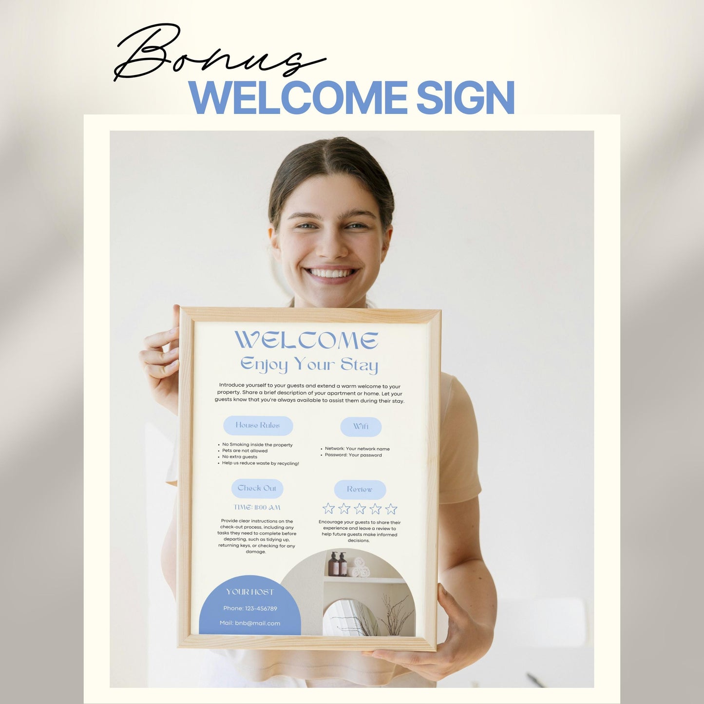 A smiling woman holds a framed "Welcome" sign designed for Airbnb or short-term rental guests. The sign includes sections for house rules, WiFi details, check-out time, review encouragement, and host contact information.