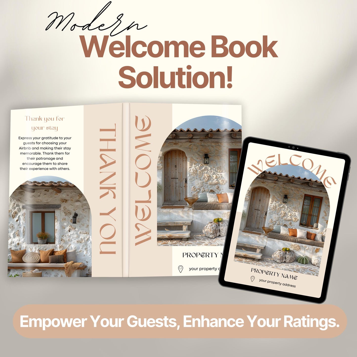 Promotional graphic showcasing a modern Airbnb welcome book solution. The image features a printed welcome book opened.