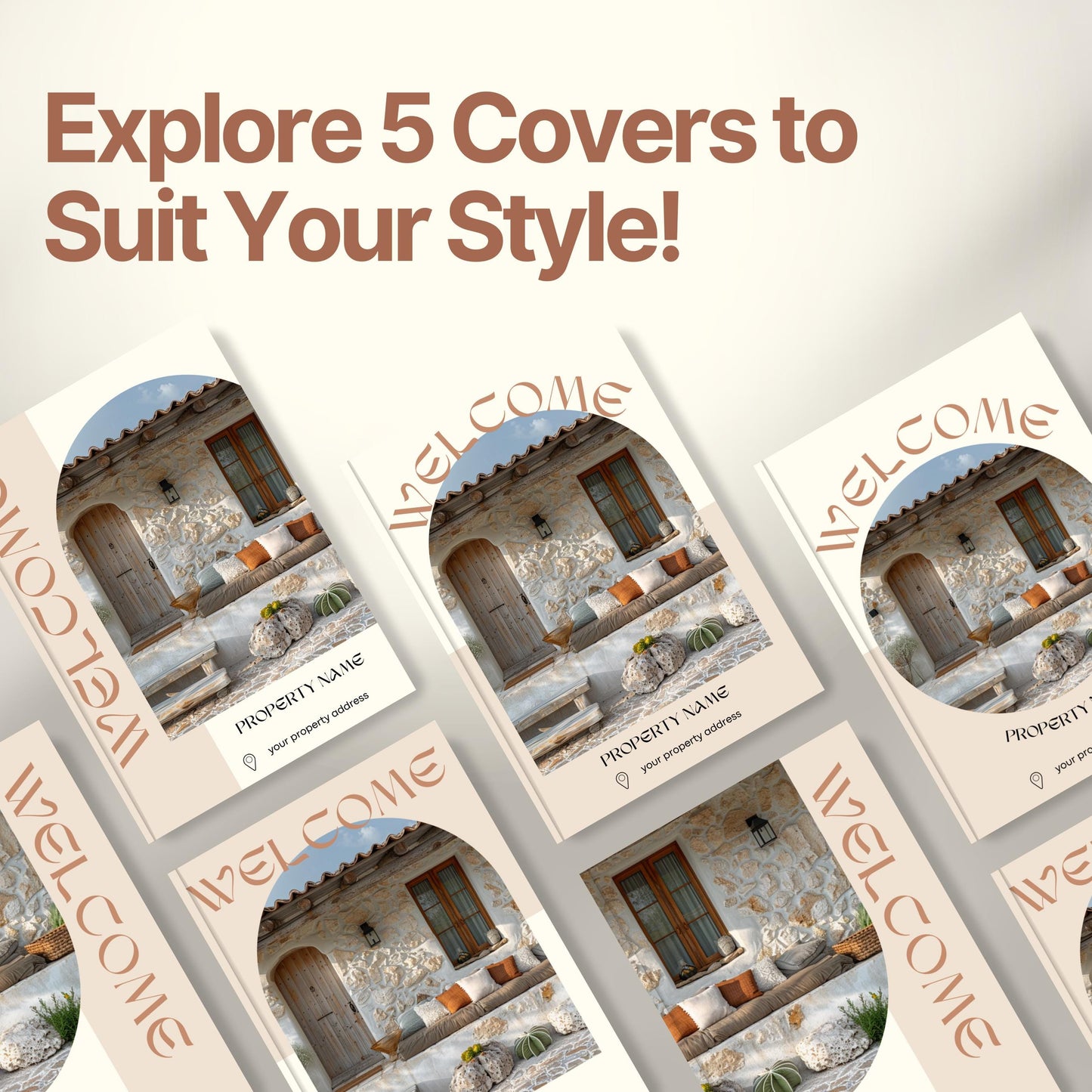 Graphic promoting customizable Airbnb Welcome Book covers with the headline “Explore 5 Covers to Suit Your Style!”