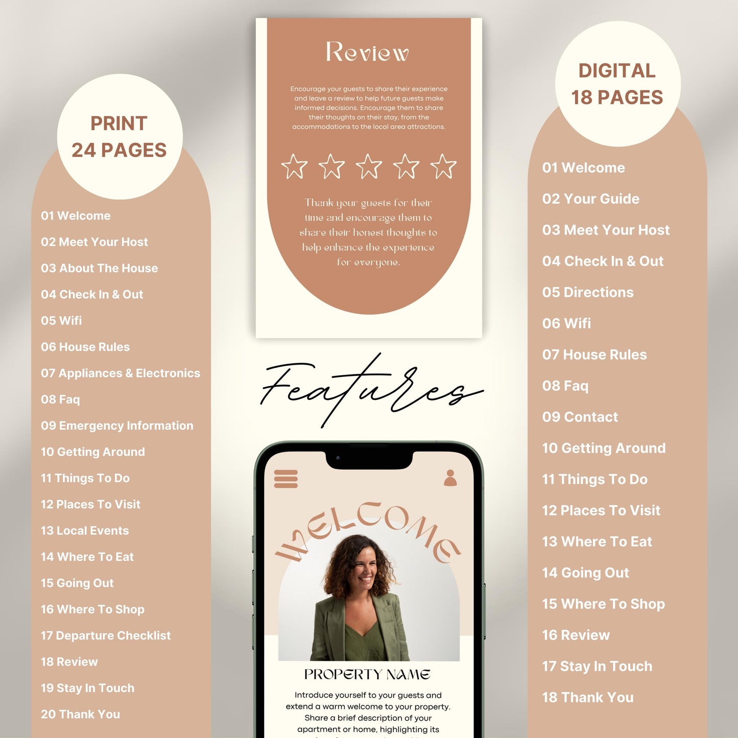 A promotional layout for a Airbnb Welcome Book template. The image displays various page samples including sections like “Review,” “Things To Do,” “Let’s Stay In Touch,” and “Before You Go.”