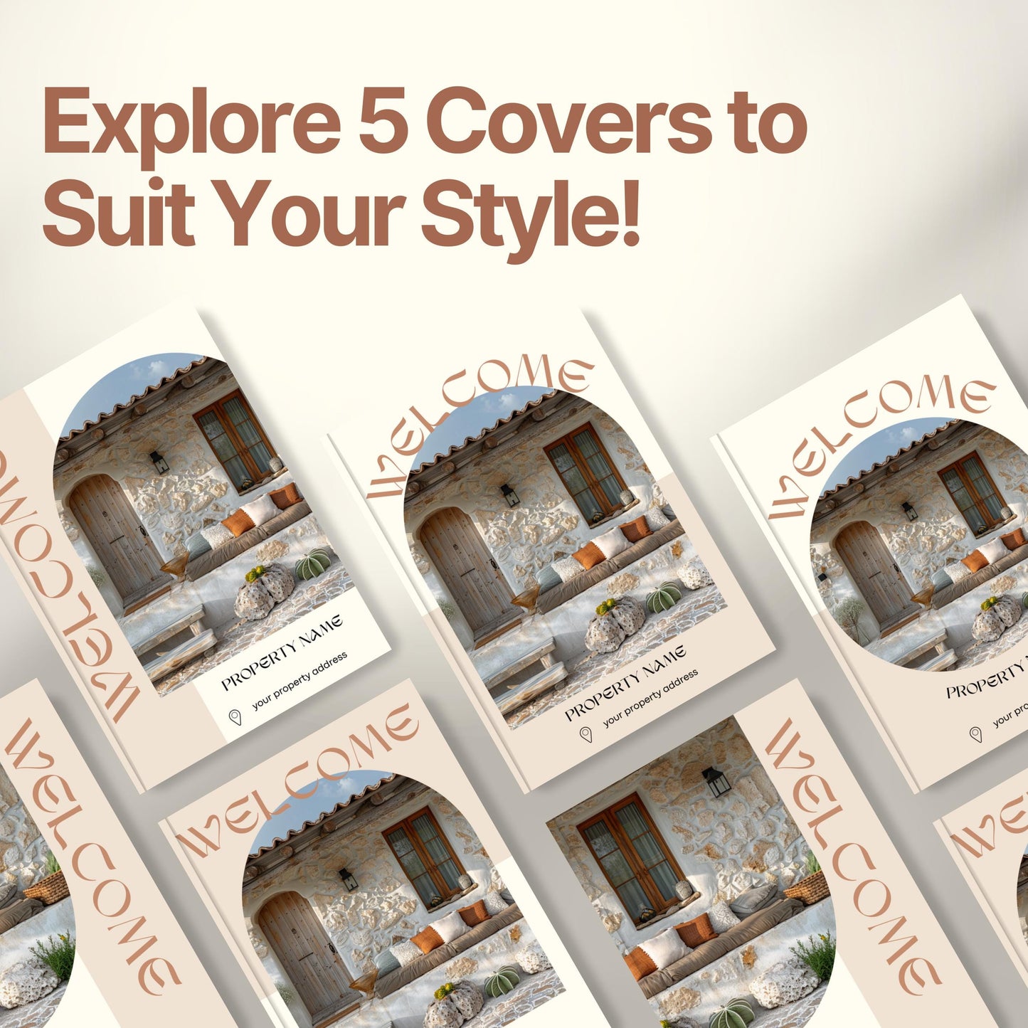 Graphic promoting customizable Airbnb Welcome Book covers with the headline “Explore 5 Covers to Suit Your Style!”