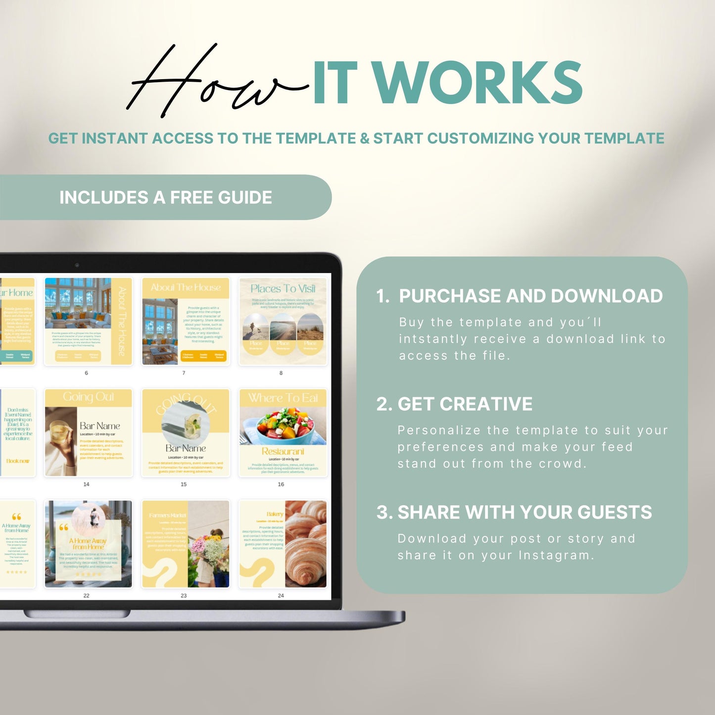 Instructional graphic titled 'How It Works' showing a laptop with Instagram templates and three steps: 1. Purchase and download the template, 2. Get creative and customize it, 3. Share with your guests. Includes a note that a free guide is included.