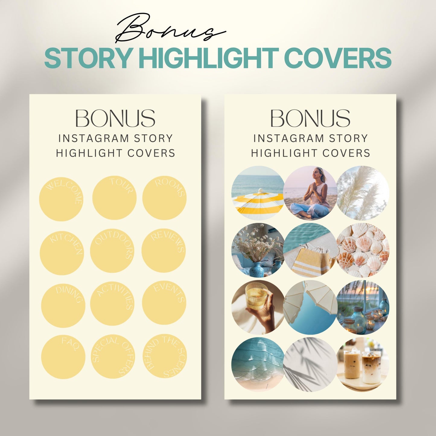 Graphic displaying two sets of Instagram story highlight covers labeled as bonus content.