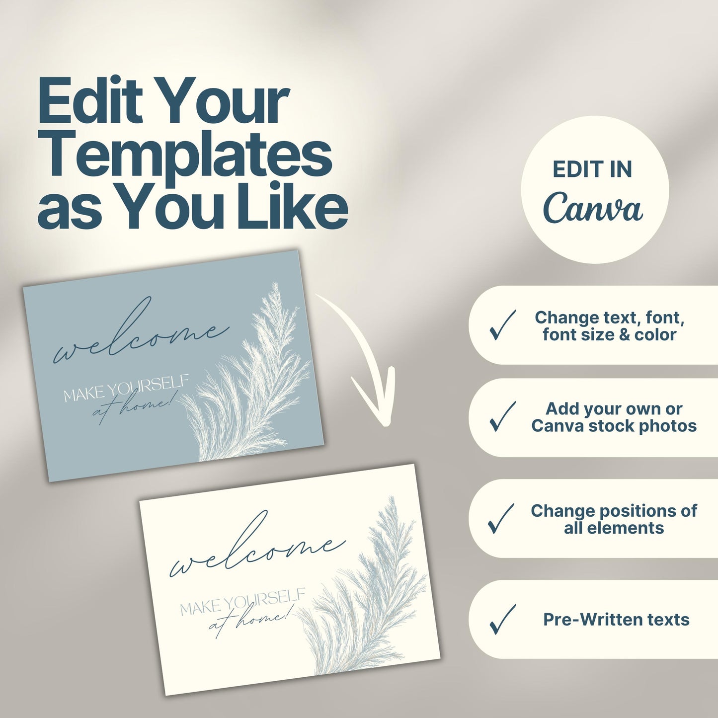 Design customization graphic for Airbnb thank you cards, showing two color variations and a checklist of editable features in Canva: text, font, size, color, photos, element positions, and pre-written texts.